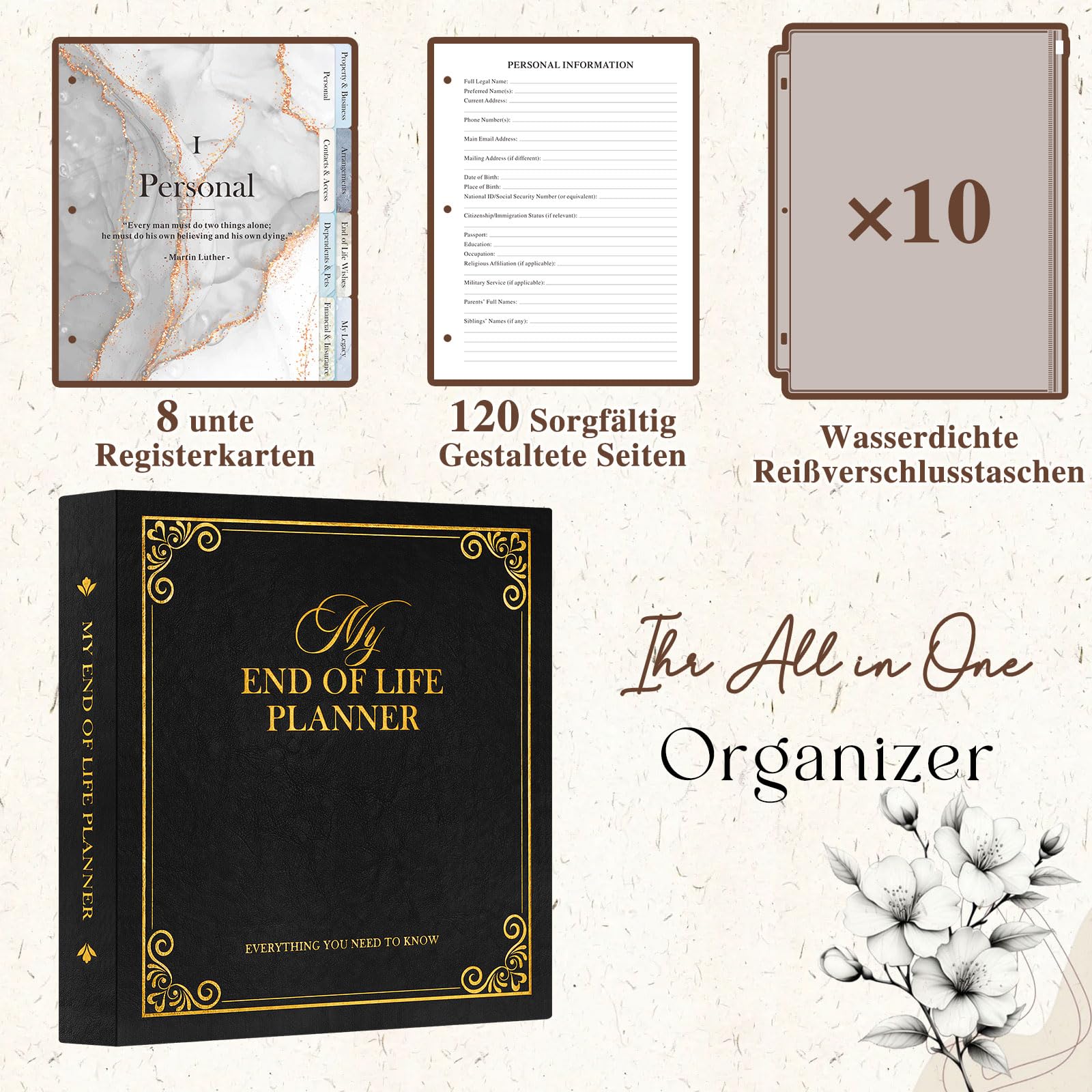 Lanpn Nachlassordner zum Lebensende – End of Life Binder, Todesfallplaner mit 8 Trennblättern & 10 Zipper Taschen, Alles Wichtige an einem Ort: Dokumente, Wünsche & Finanzen, Schwarz, Englisch