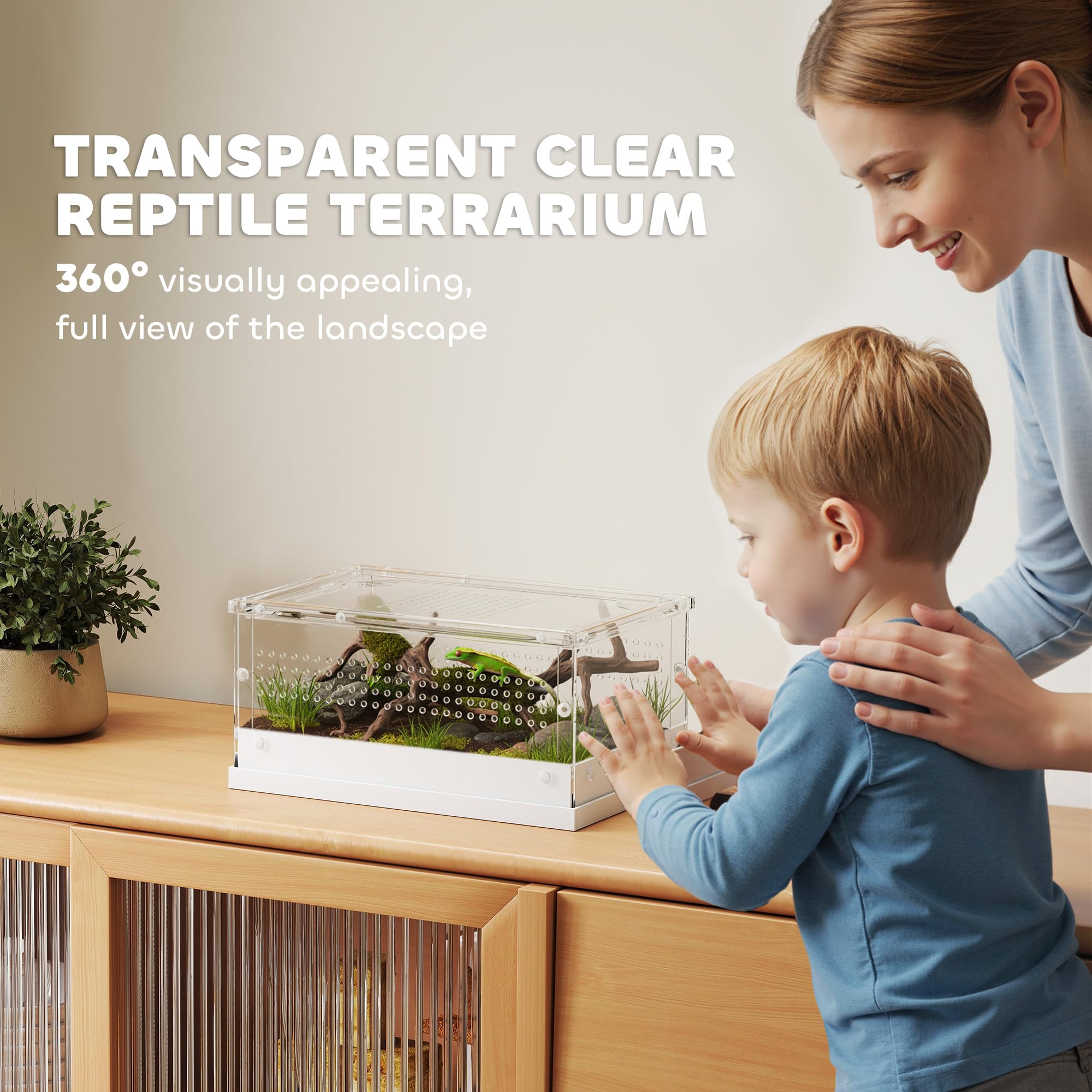 PawHut Terrario para reptiles, vivero de 30 x 20 x 15 cm con puerta corrediza superior, caja de cría de tanque de reptiles acrílico de 360° con rejillas de ventilación, para serpientes, ranas, arañas