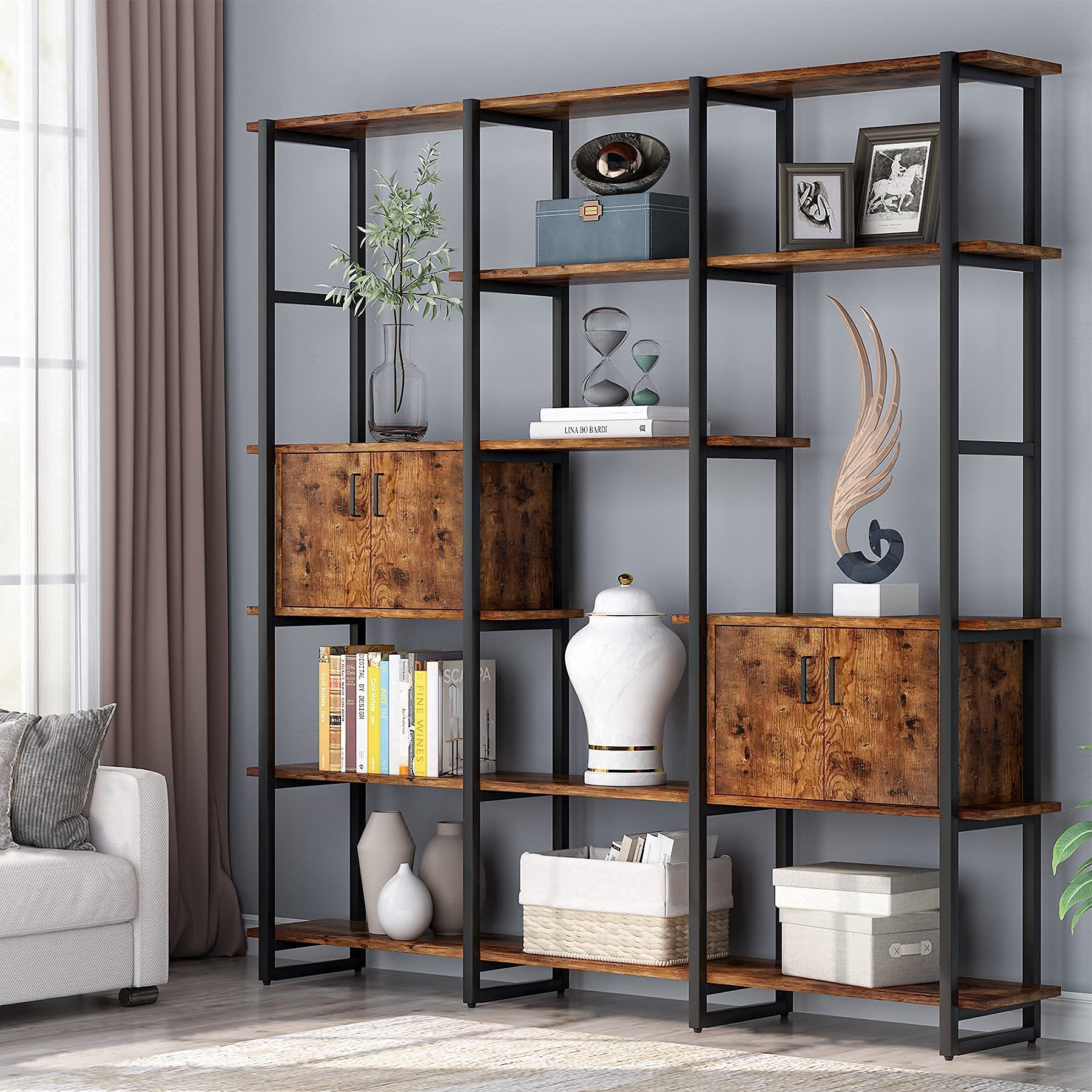 Tribesigns 71'' Triple Wide Bookcase, 5 Tier Bookshelf with 2 Storage