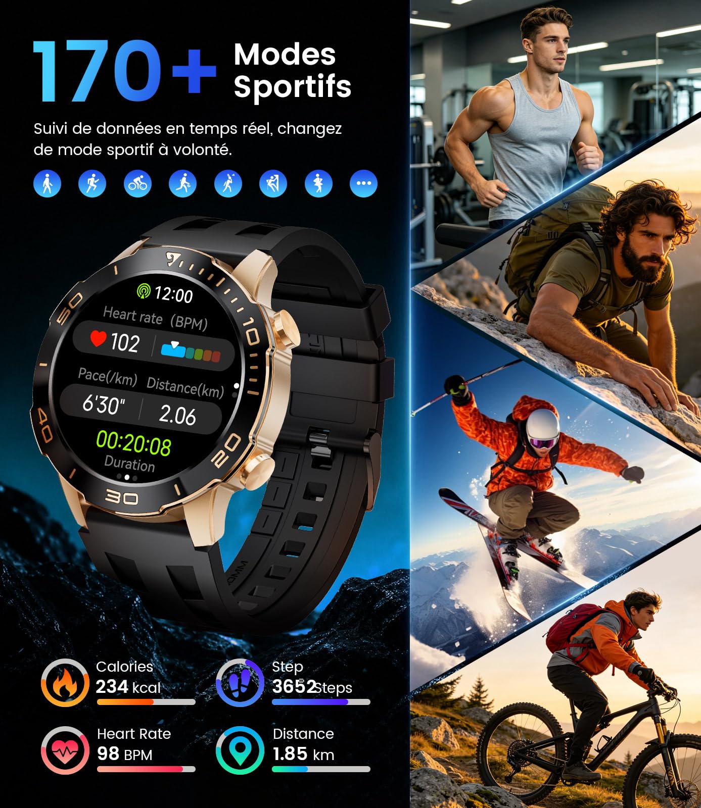 LIGE Montre Connectée Homme. 1.43" HD 800mAh Compatible Android/iOS | Écran HD AMOLED, Batterie Haute Capacité, 170+ Sports, étanchéité IP68, Appels Bluetooth, Santé 24/7, 2 bracelets