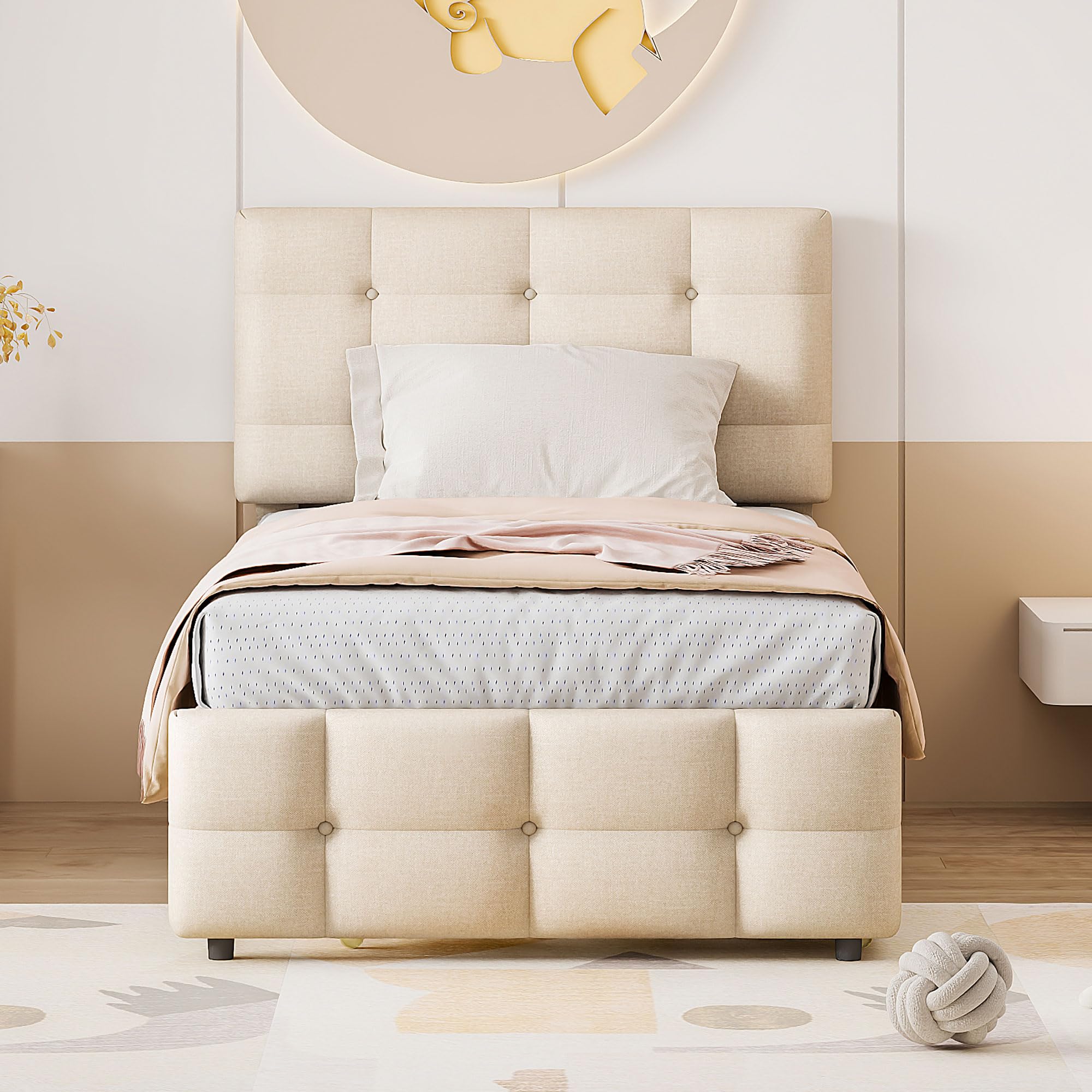 Cama tapizada de 90 x 200 cm, cama nido extraíble, cabecero ajustable, acolchado de lino agradable al tacto, cama individual plana, cama para niños, cama juvenil, cama de invitados (beige)