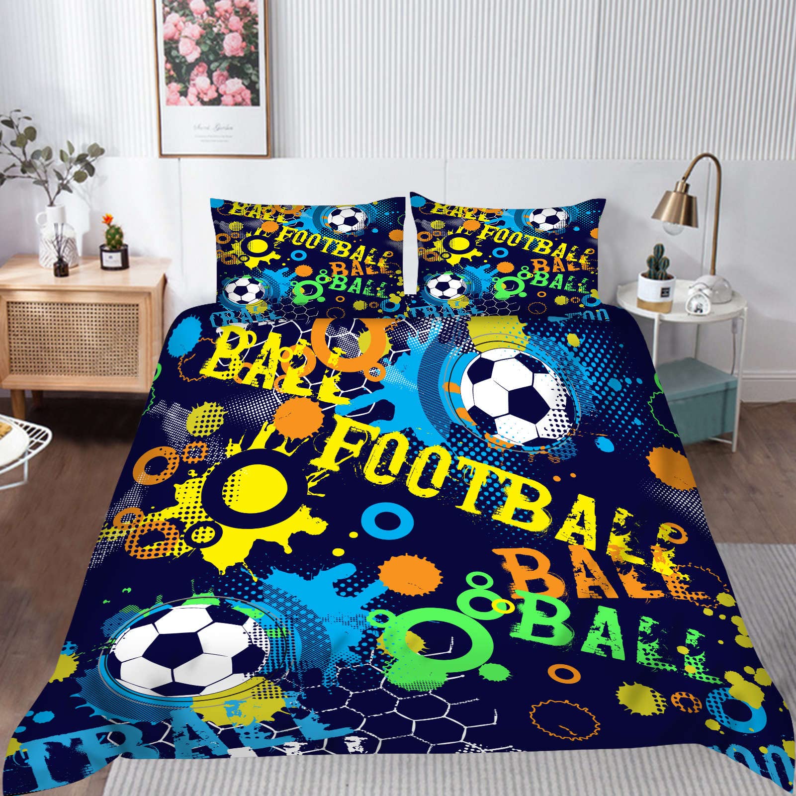 YUANZU Sport Bedding Set Double for Kids Boys Teens Duvet Cover Set 3 Pieces Football Abstract Colorful Printed Soft Microfiber Quilt Cover with Zipper Closure (200 x 200 cm & 2Pillowcase) - Image 2