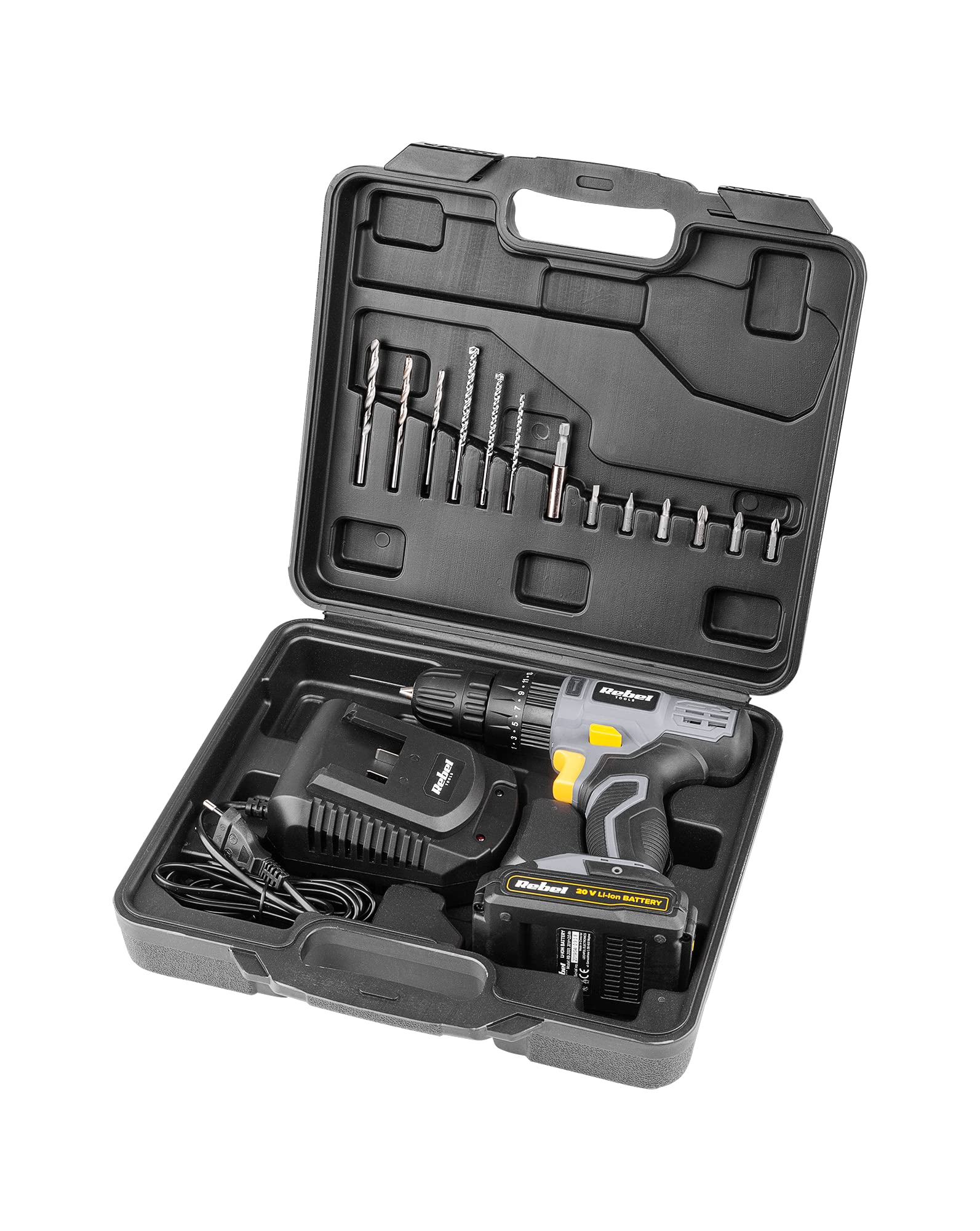 Trapano avvitatore a percussione a batteria, 20 V, 2 A, valigetta Grigio