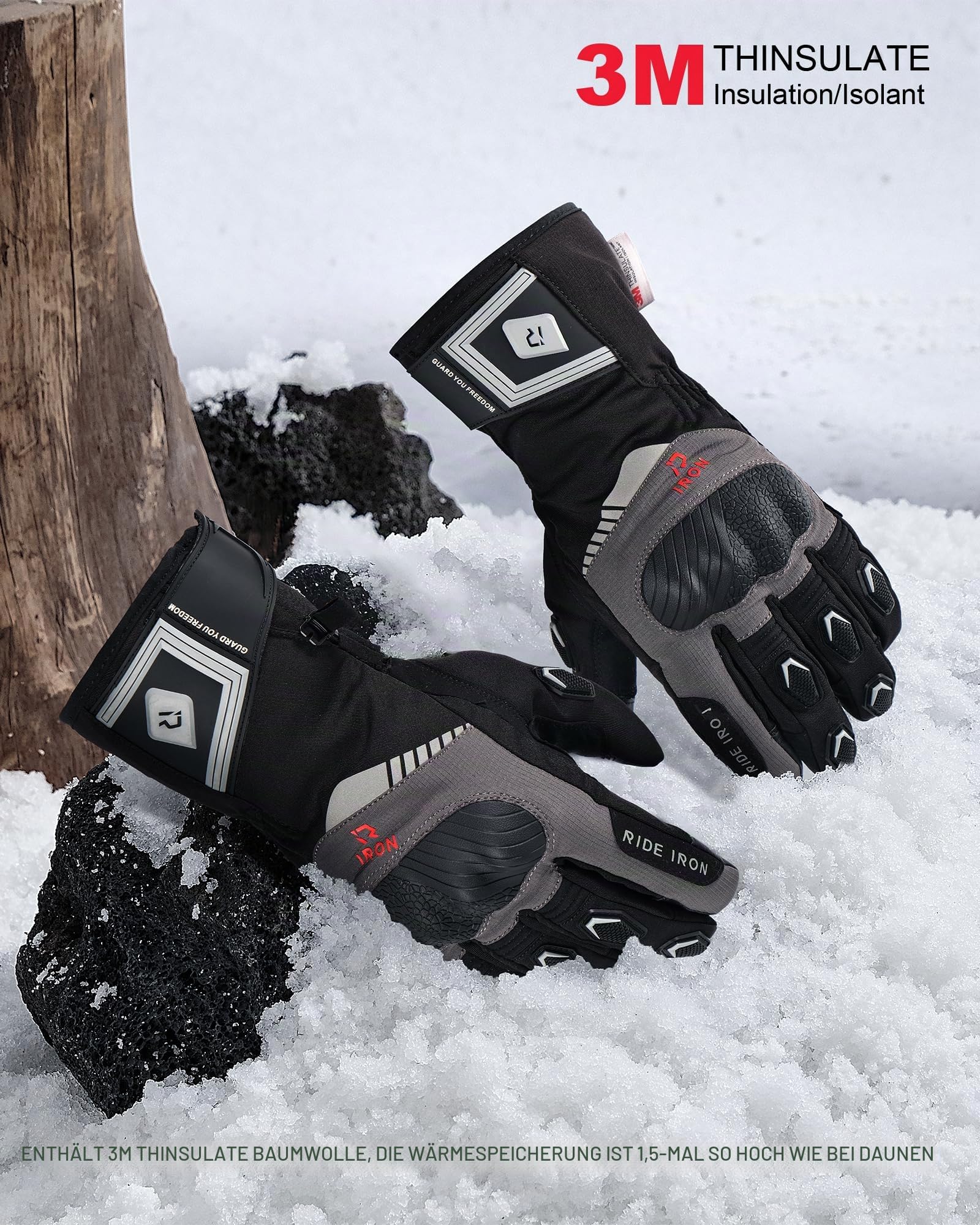 RIDEIRON Winter Motorradhandschuhe Herren, Warm & Wasserdicht, Touchscreen, Verstärkte Zone, 3M Isolierung für kalte Temperaturen，M-XXL