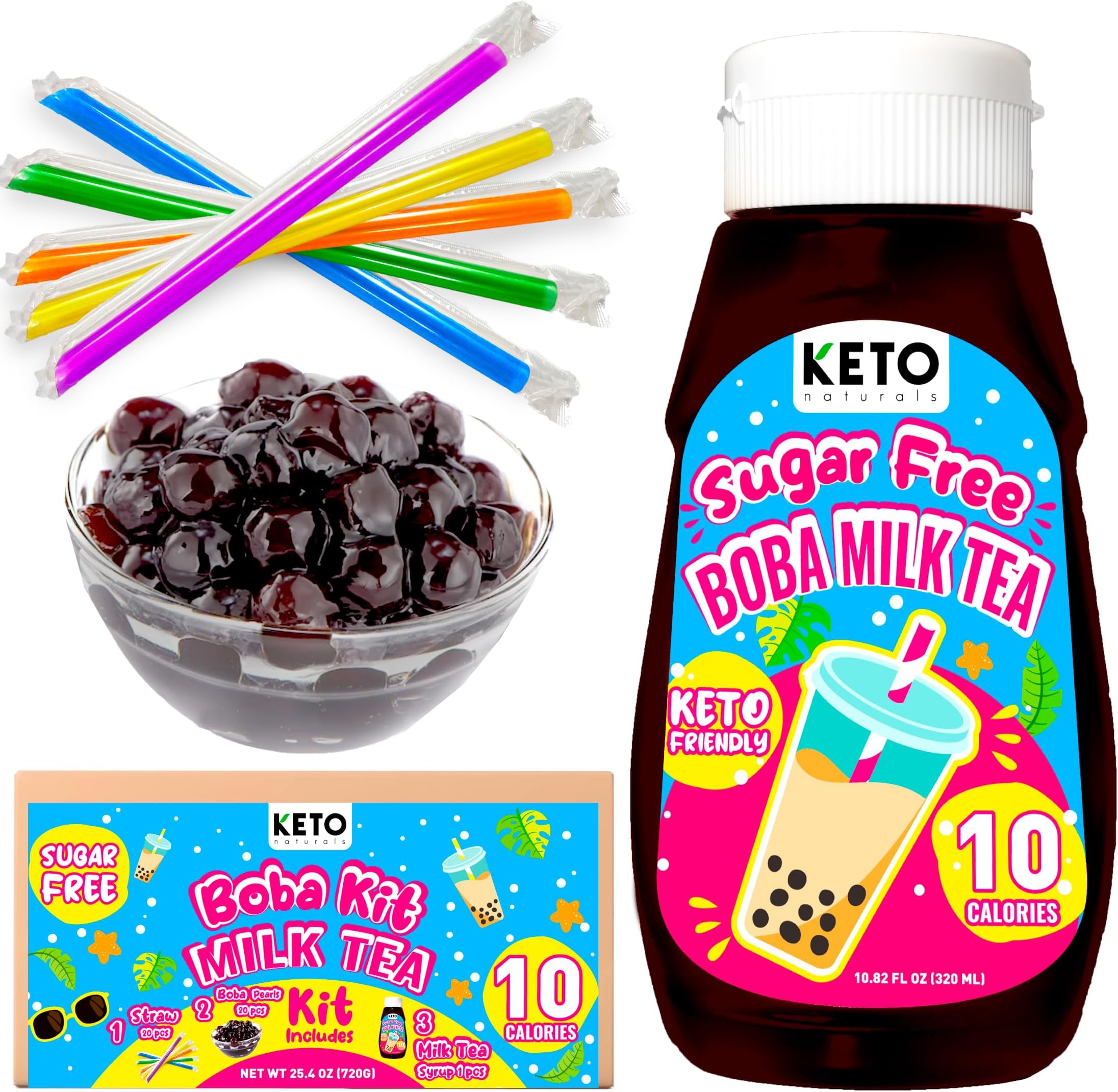 Sugar Free Boba Kit Milk Tea (21 servings) Diet 10 calories only. Keto friendly bubble tea kit Taiwanese milk tea. Low calorie drinks delicious boba tea kit. One kit contains boba pearls, sugar free milk tea syrup and straws