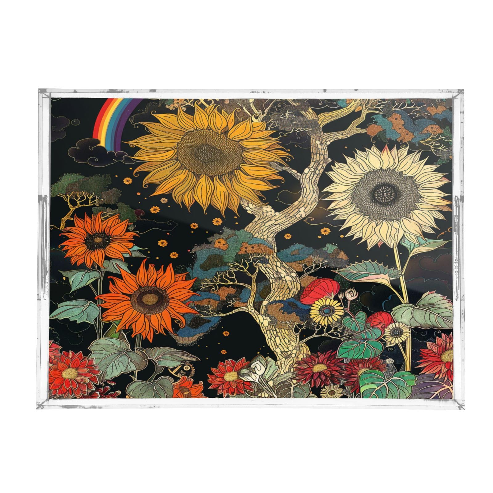 IOACIY Clear Serving Tray 12x16 Inches Acrylic Decorative Tray Organiser for Ottoman Coffee Table Countertop with Handles, Sunflower (3)