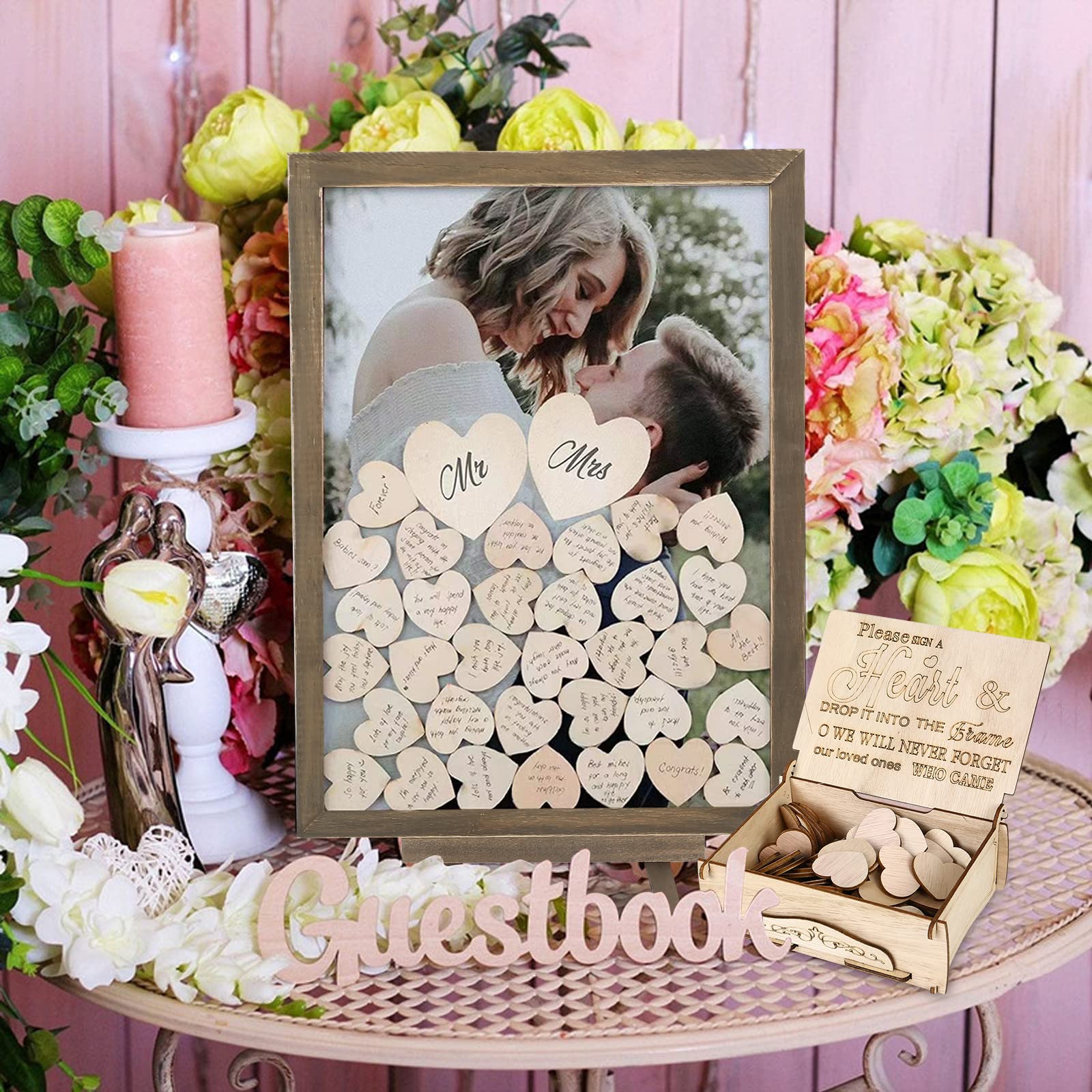 Libro de visitas de madera para boda, con marco de fotos, 100 corazones de madera para escribir, libro de invitados para bodas, cumpleaños y baby shower