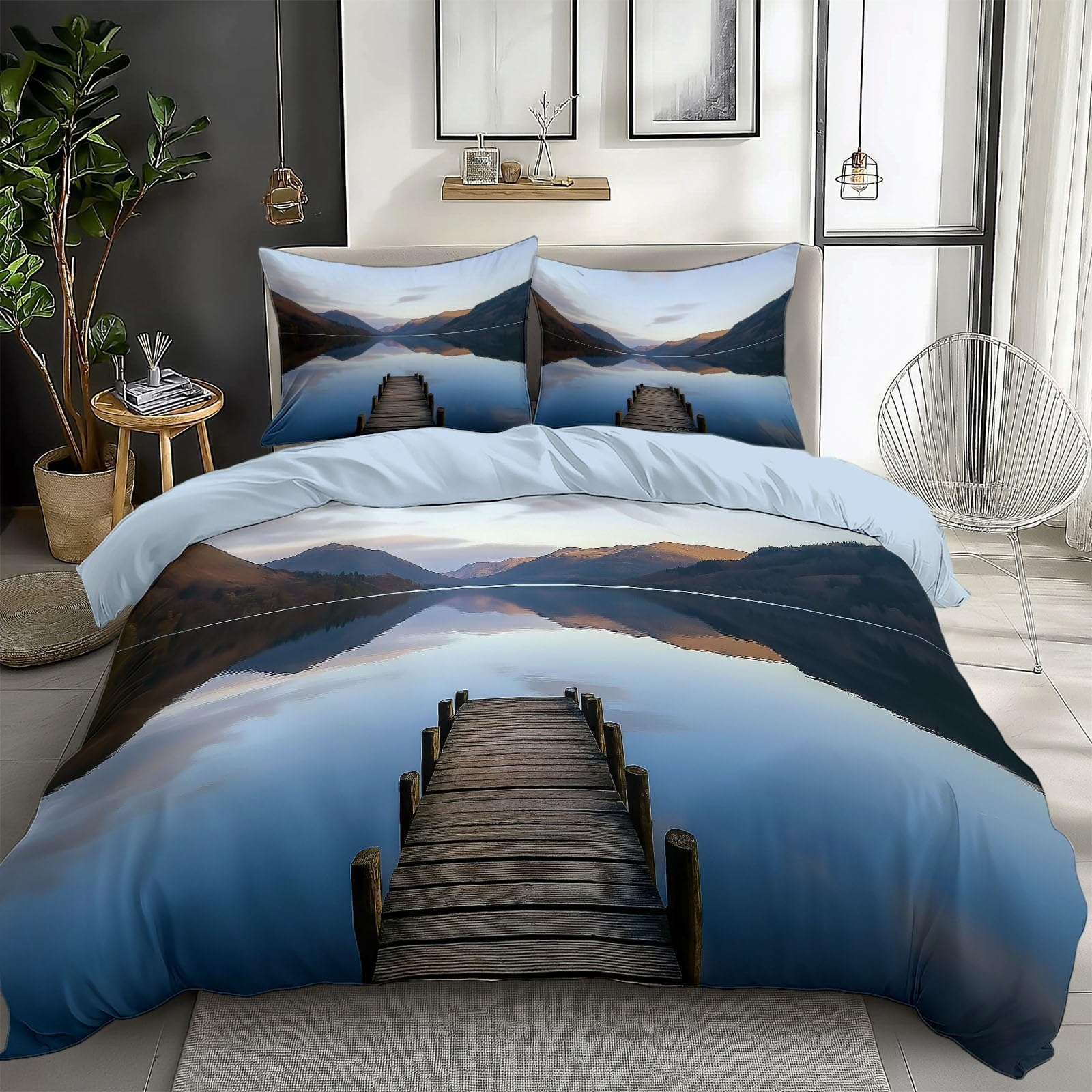 Sky Blue Duvet Cover Twin Size 2 Pieces Scenic Lake Wooden Bridge, Bedding Room Decor Bedspread for Kids Teens, Comforter Quilt Cover Bedding Set with Pillow Sham
