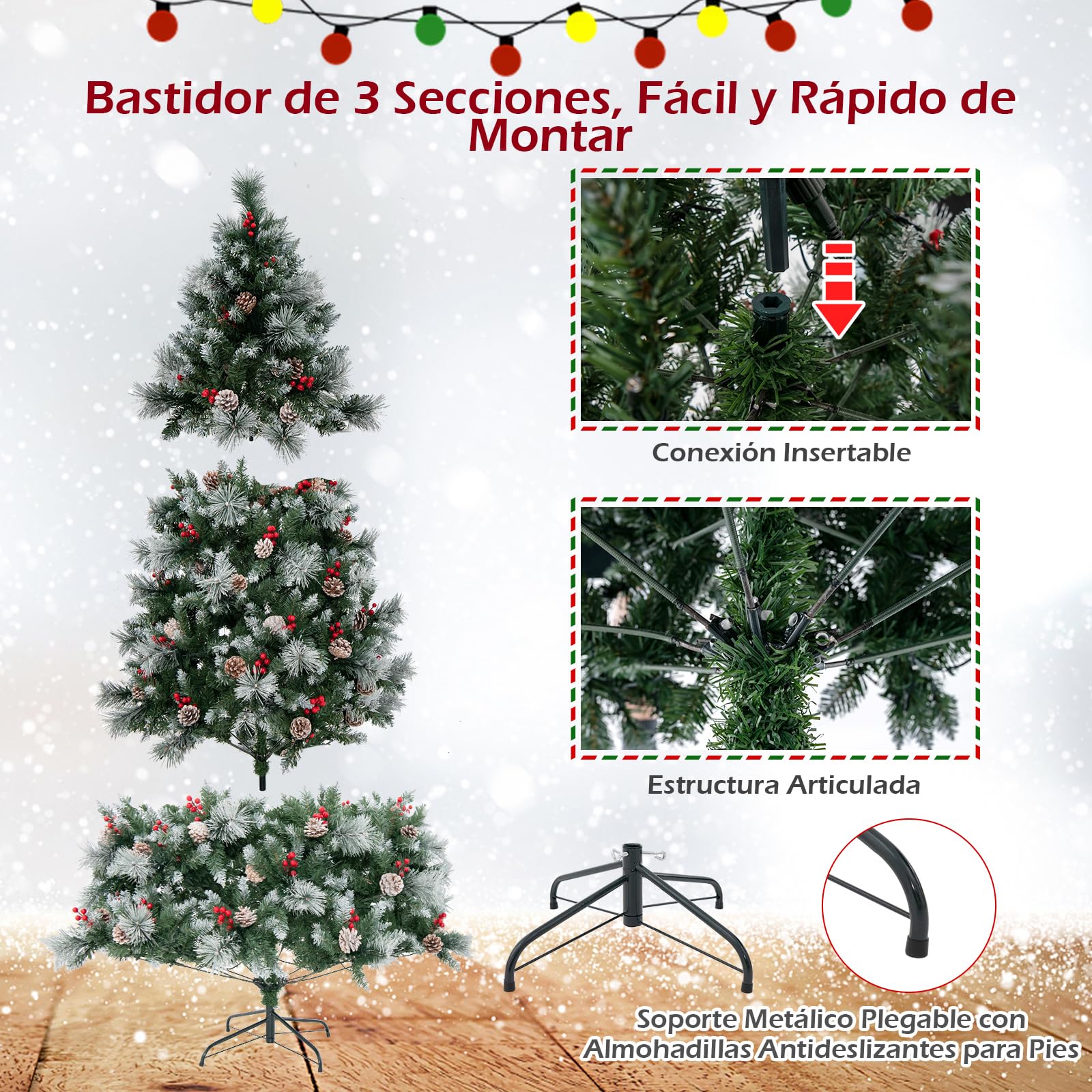 COSTWAY Arbol de Navidad con Luces Incorporadas 215cm, Agujas de Pino, 70 Conos de Piña y 70 Bayas Rojas, 400 Luces LED, 11Modos, 1116 Puntas de PVC, Arvore de Natal w/Light