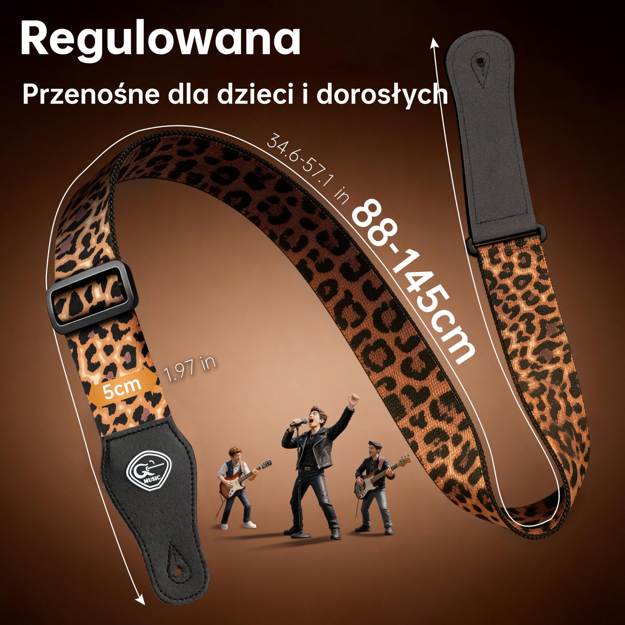 SUNYA Pasek do gitary nylonowy, szerokość 5 cm z końcówkami ze skóry licowej, zawiera gumowe blokady i kostki, regulacja 88-145 cm do gitar akustycznych, elektrycznych i basowych