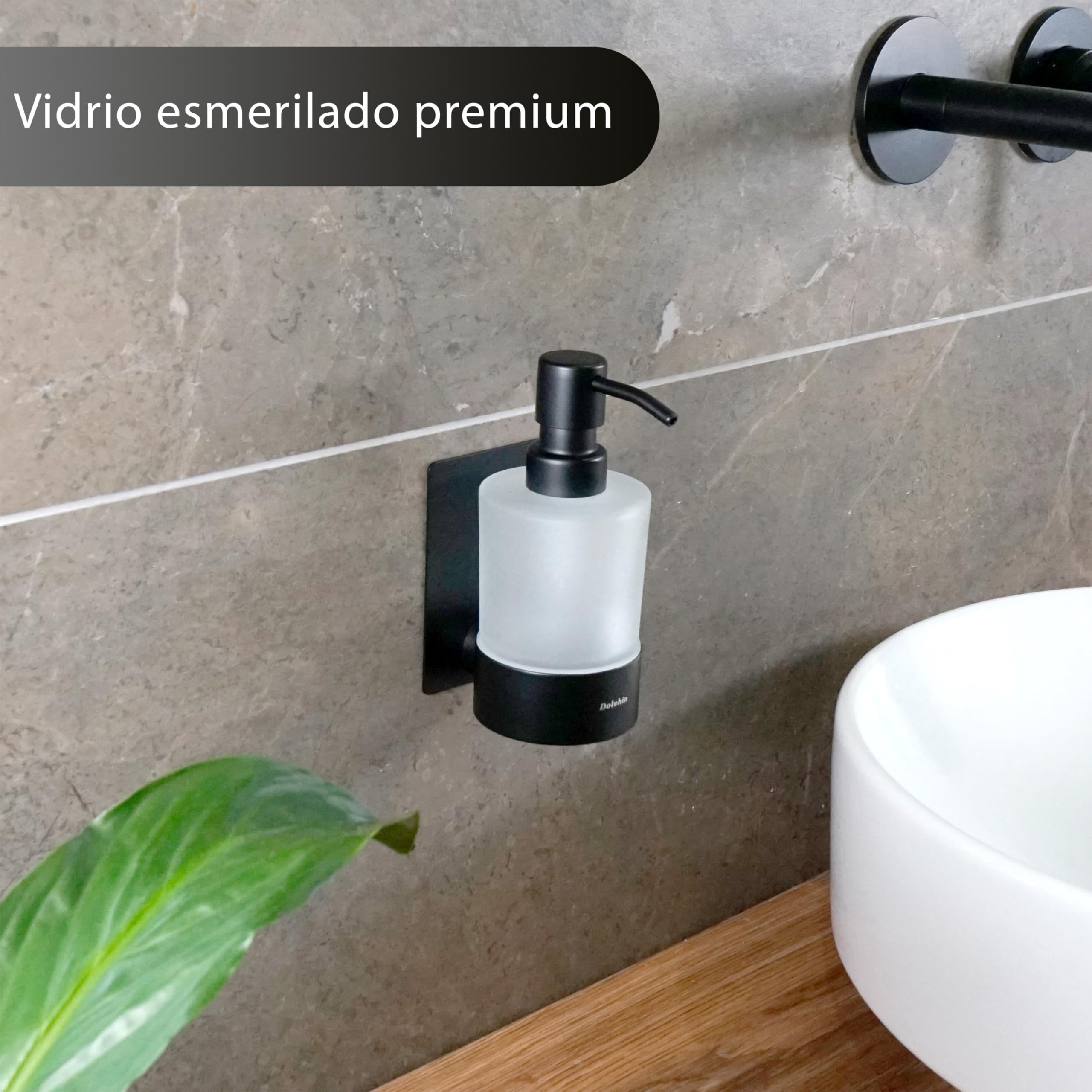 Set Dispensador Jabón & Portacepillos de Dientes | Vidrio Esmerilado y Acero Inoxidable | Soporte Vaso Cepillos sin Taladro | Dosificador de Pared Adhesivo | Juego de Baño | Negro Mate