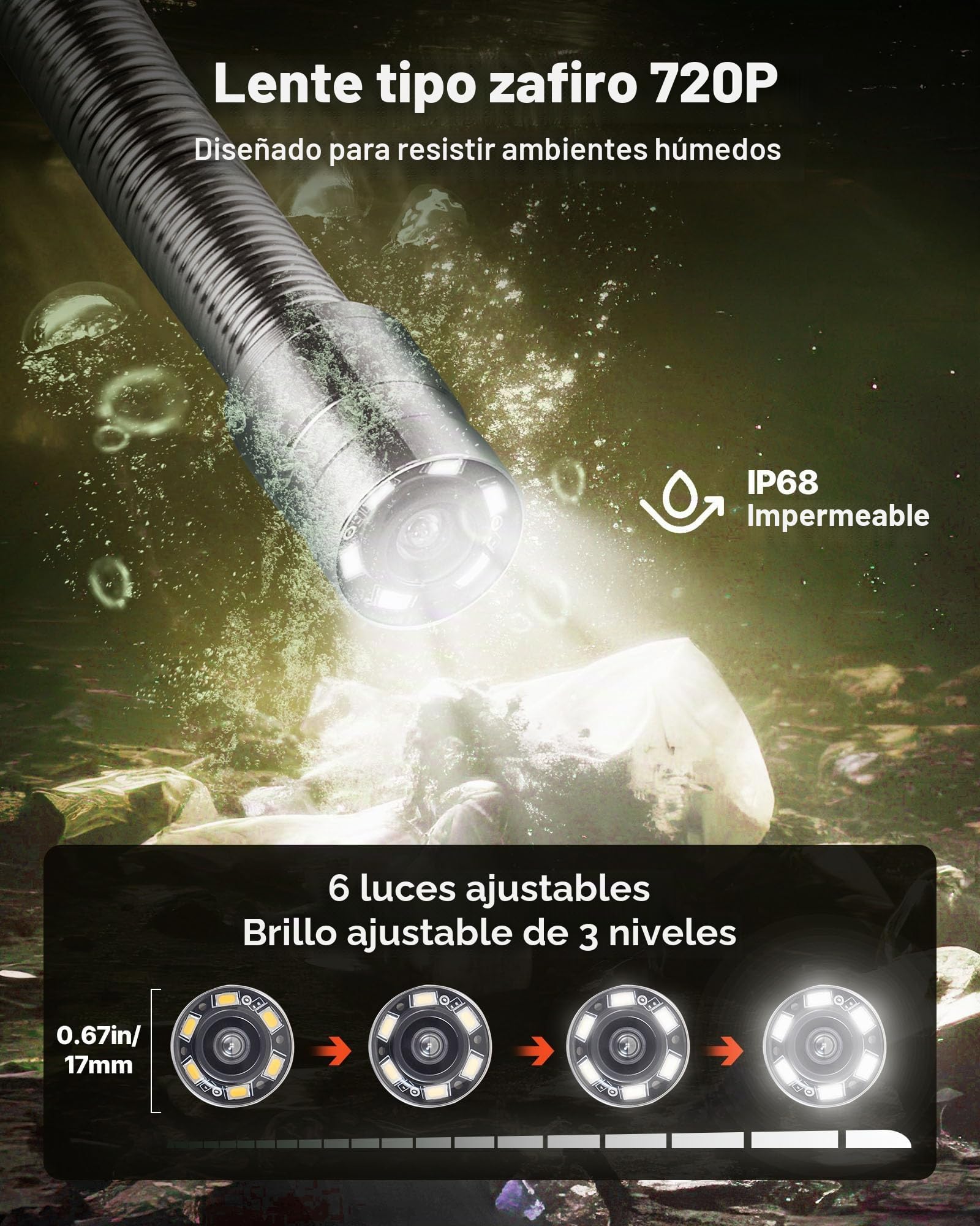 VEVOR Cámara de Inspección de Tuberías Cable de 50 m, Cámara Endoscópica con Pantalla a Color, Resistente al Agua IP68, con 6 LED, Tarjeta de 16 GB, Batería de 4500 mAh, para Alcantarillado Fontanería