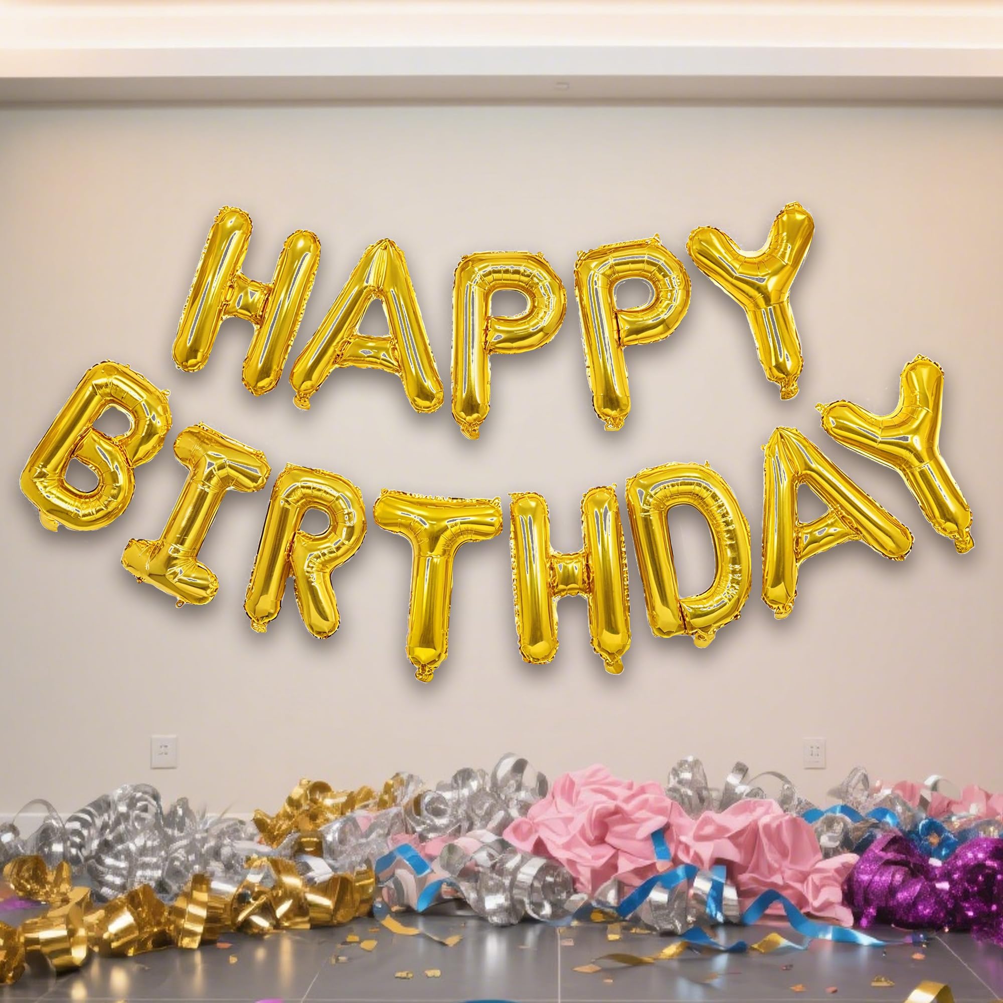 Happy Birthday Balloons Banner 16 Inch Foil Letter Balloons Party Decorations Reusable Mylar Birthday for Women Men Kids Adults Party Supplies Gold