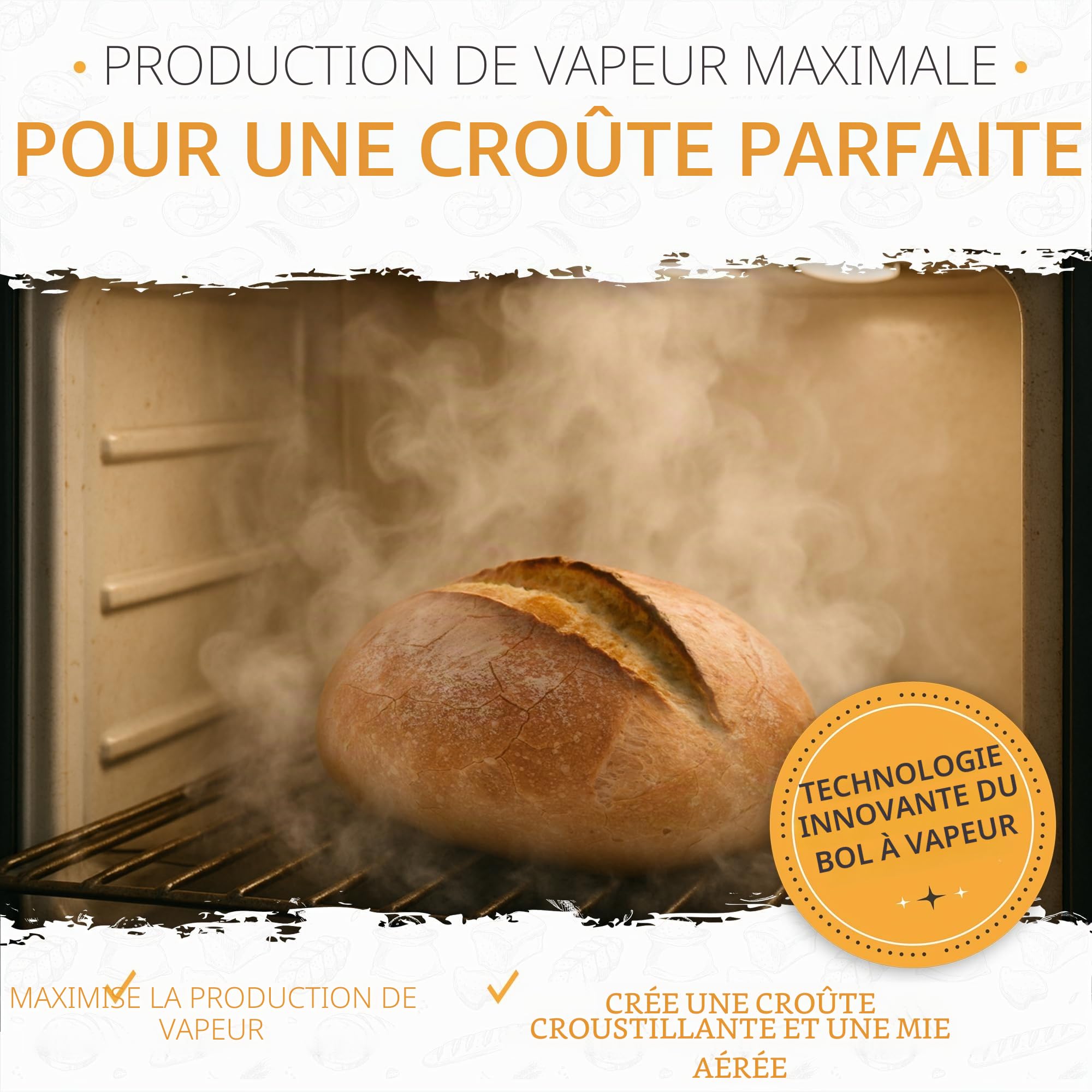 KRUSTENZAUBER Four en pierre de lave pour la cuisson du pain avec bol vapeur en acier inoxydable pour une répartition optimale de la chaleur grâce à la vapeur d'eau naturelle, accessoires de cuisson