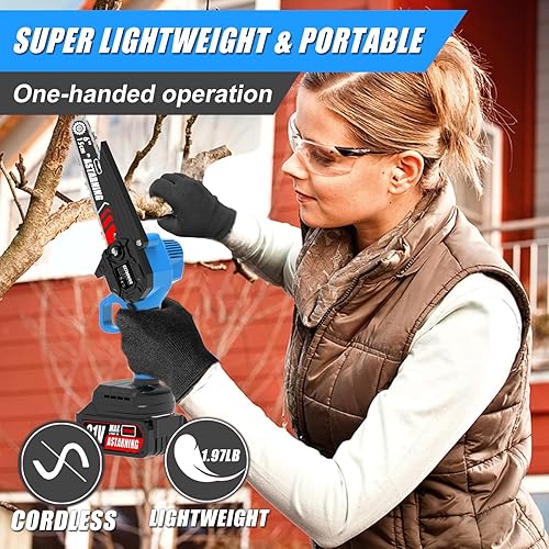 Miniatura 3 de Mini motosierra inalámbrica de 6 pulgadas, pequeña motosierra alimentada por batería, motosierra eléctrica portátil de mano de 21 V con 2 baterías