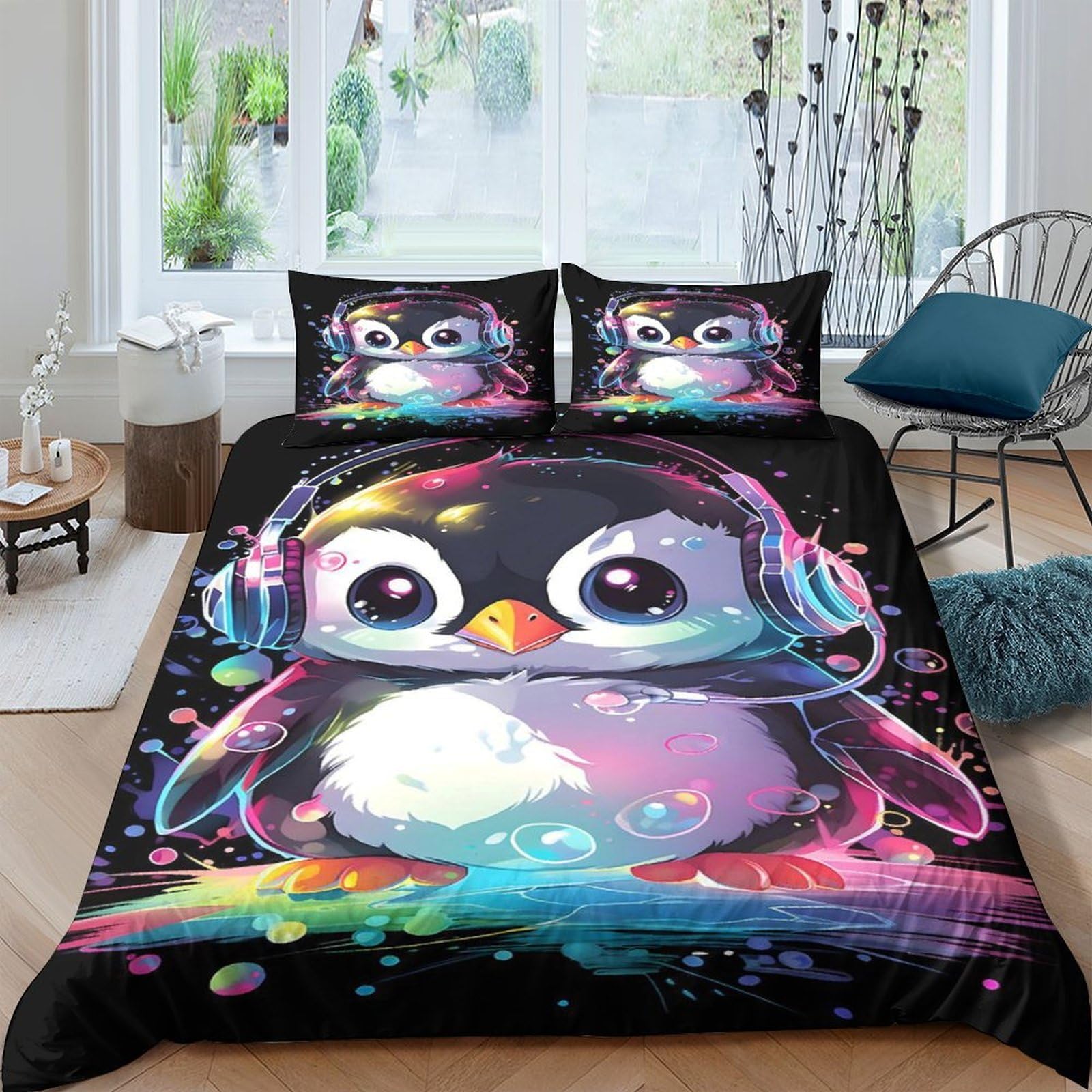 Ctjqhvkz Style-2 3D Printed Cute Penguin Fitted Sheet Microfiber Soft Breathable Headphones Bed Sheet For Bedroom Dorm Decor Protection Single（135X200cm）