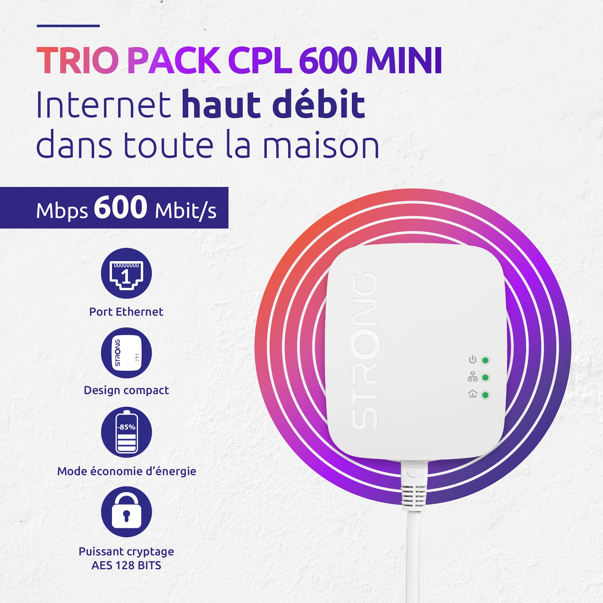STRONG - Powerline 600 Kit Mini - Trio Prises CPL - Kit CPL - 600 Mbps - Compatible Toute Box/Routeur - 1 Port Ethernet - Installation Rapide Plug & Play - Accès Internet Haut Débit Partout - Blanc