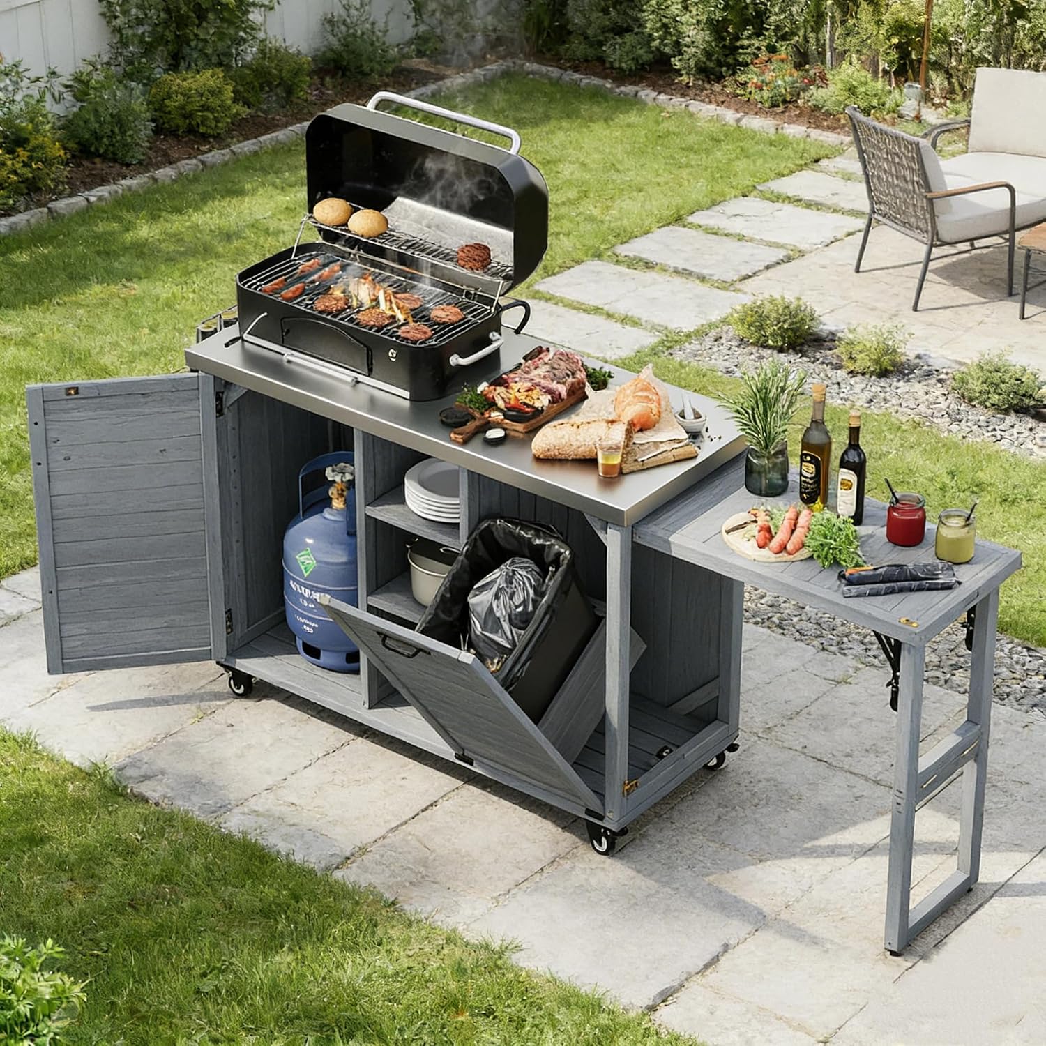 78.2" Outdoor Kitchen Island with Foldable Grill Table & Stainless Steel Top, Rolling Kitchen Cart with Trash Can Storage, Multifunctional Outdoor Grill Table for Lawn & Garden, Grey Blue
