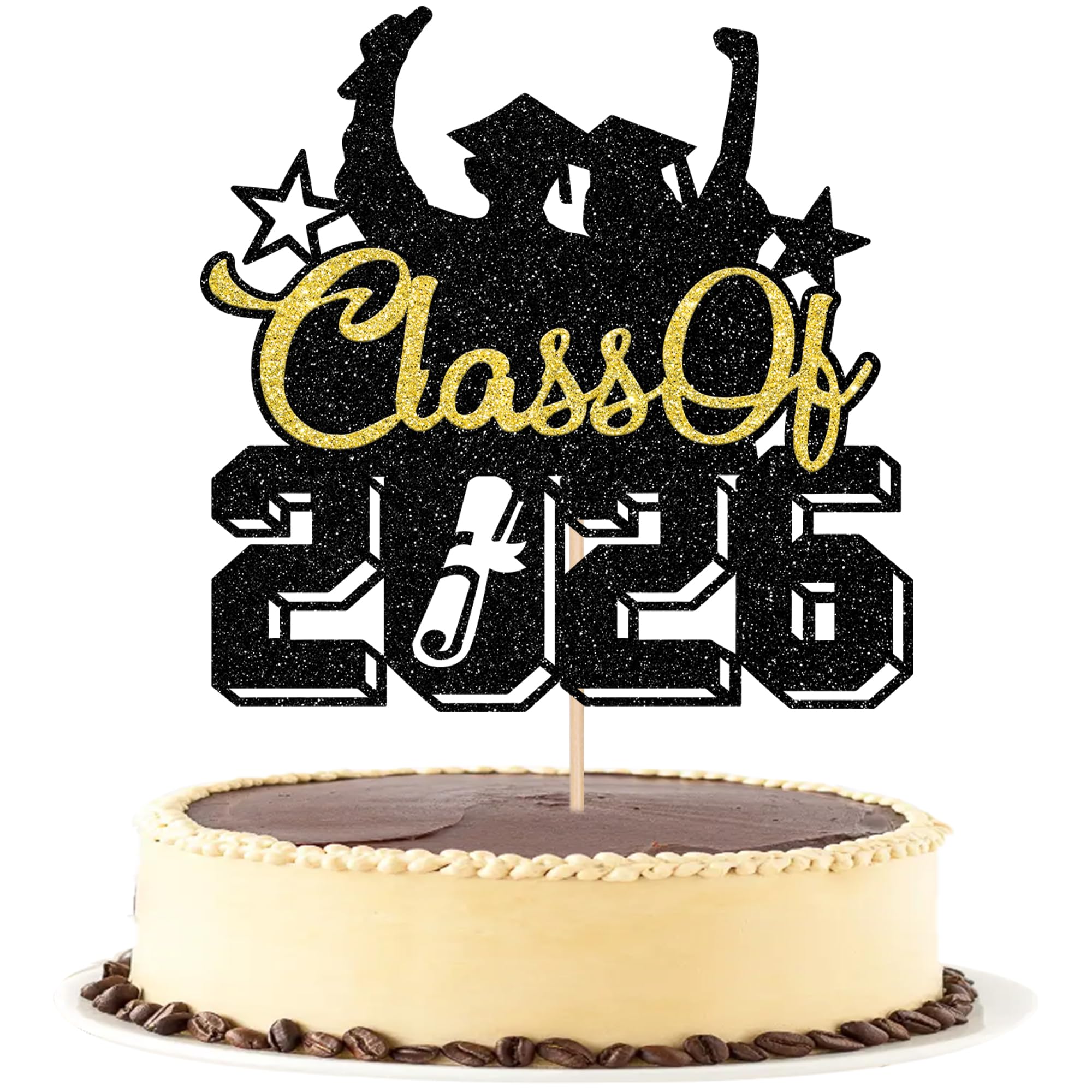 Xsstarmi 1 Pack Class of 2026 Cake Topper Black Gold Glitter Congrats Grad Theme Cake Pick for High School College Diploma Done Graduation Party Cake Decorations Supplies