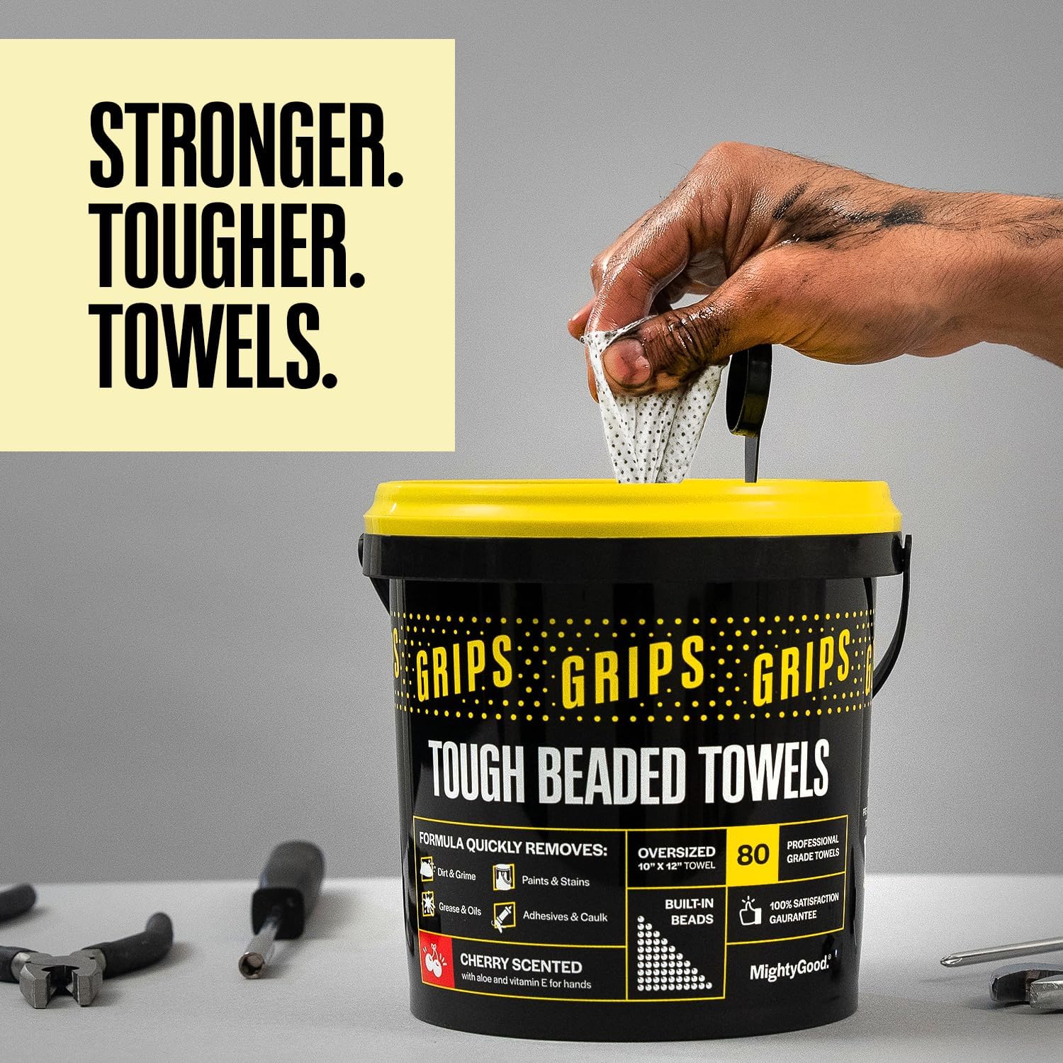 MightyGood. Grips Tough Beaded Hand & Surface Wet Towels - 6 Pack of 80 Extra-Large 10"x12" Wipes, 480 Total - 3D Beaded - Heavy Duty Canister - Citrus Scent