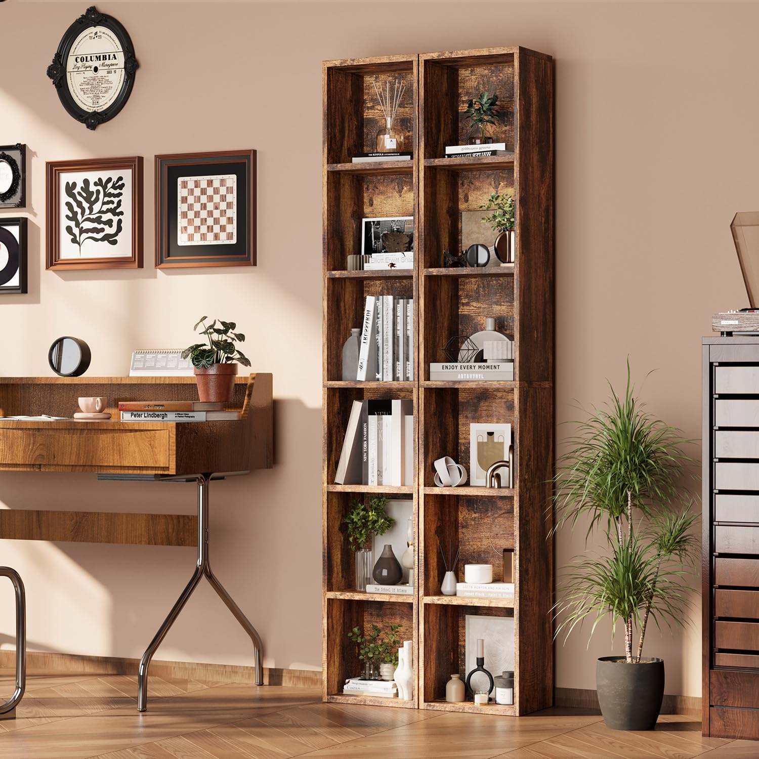 oneinmil Estantería de Libros,Estantería Columna Vertical con 6 Cubos,Estantería,Organizador con Compartimentos,para Oficina,Sala de Estar,Salón,Dormitorio,23.5 x 30 x 181 cm,Marrón