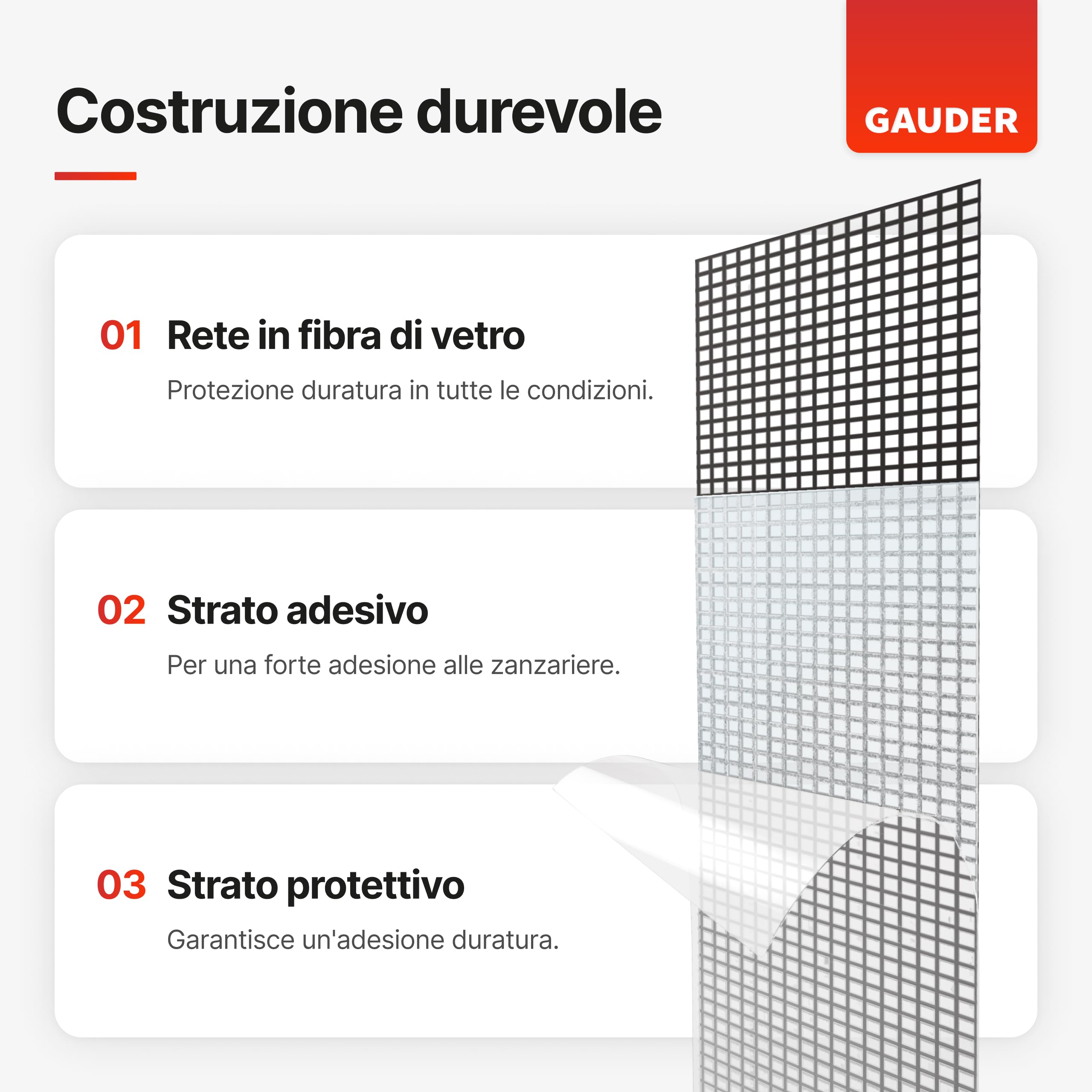 GAUDER Toppe di Riparazione per Zanzariere - Kit Insetti Autoadesive in Fibra di Vetro - Nastro Ripara Zanzariere per Finestra, Porta, Veranda (3 Toppe - 130 x 180 mm)
