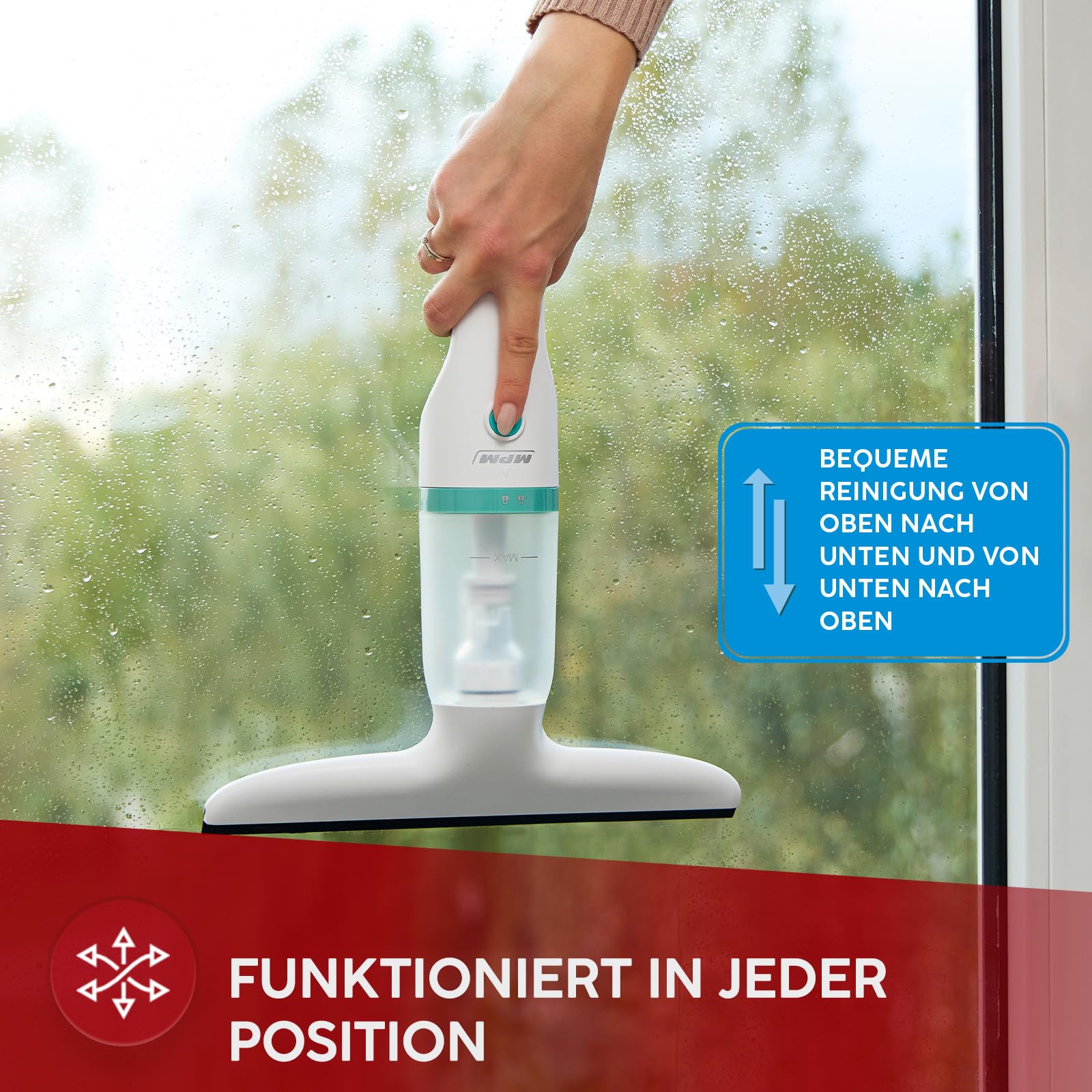 MPM Aspirateur de fenêtre MDS-01 - Aspirateur de fenêtre qui aspire automatiquement l'eau - Sans traces ni taches d'eau - 40 minutes d'autonomie avec une charge