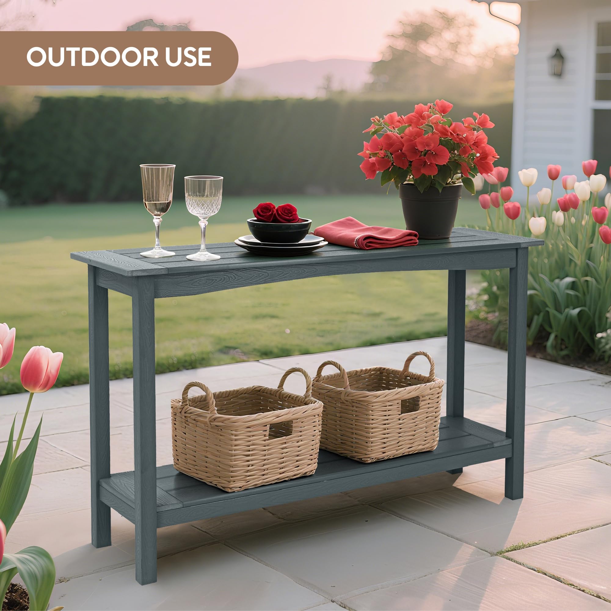 Outdoor Console Table 48" – Weather Resistant HIPS Plastic Patio Table, 440lb Capacity, 2-Tier Storage, Gray Wood-Look