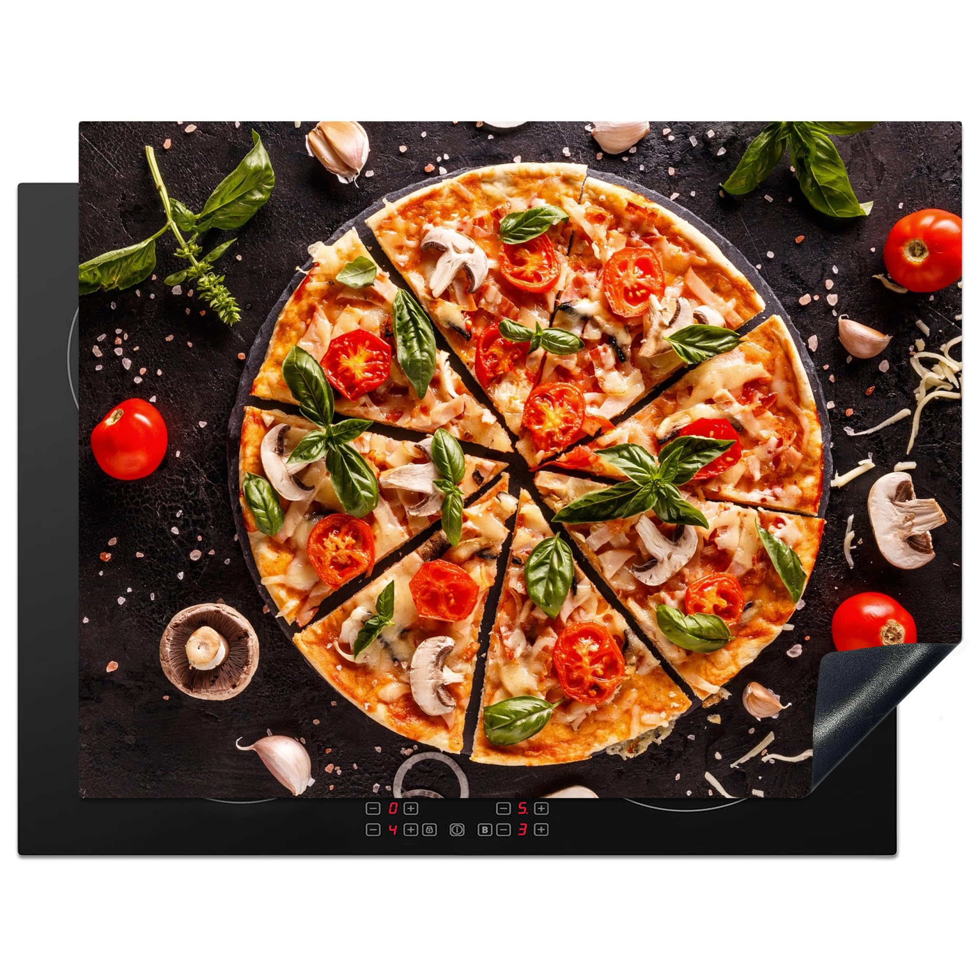 KitchenYeah© Induction Hob Protector Mat 23.2"x30.3" / 77x59 cm Stove Cap Top Cover Kitchen Cooker Covers for Electric Hobs Vinyl Pizza - Vegetable - Herbs - Kitchen - Industrial