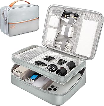 House of Quirk Electronics Travel Organizer, Double Layer Cable Organizer Bag Watreproof Electronics Accessories Storage Bag for Cord, Charger, Phone, Power Bank, Hard Drive (Grey, Polyester)