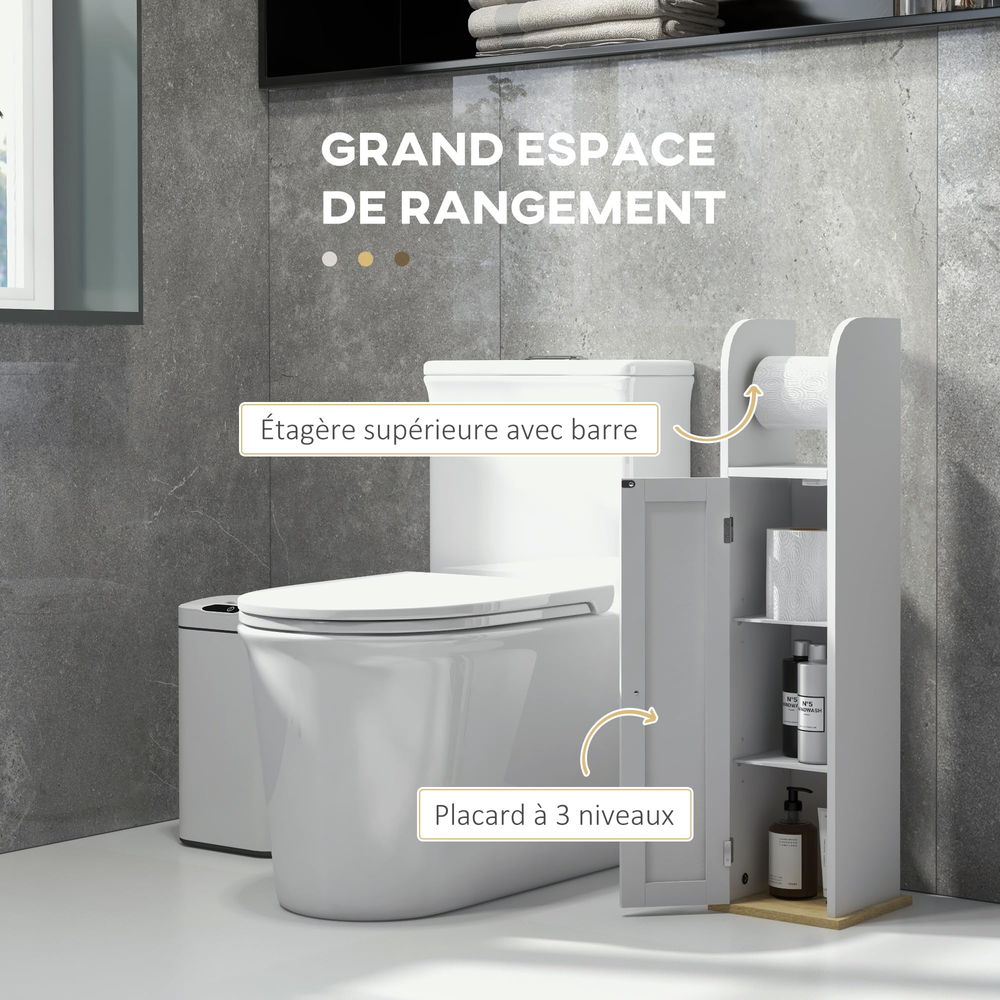 kleankin Meuble de Salle de Bain Support Papier Toilette avec Placard et étagères réglables 20 x 20 x 80 cm Blanc