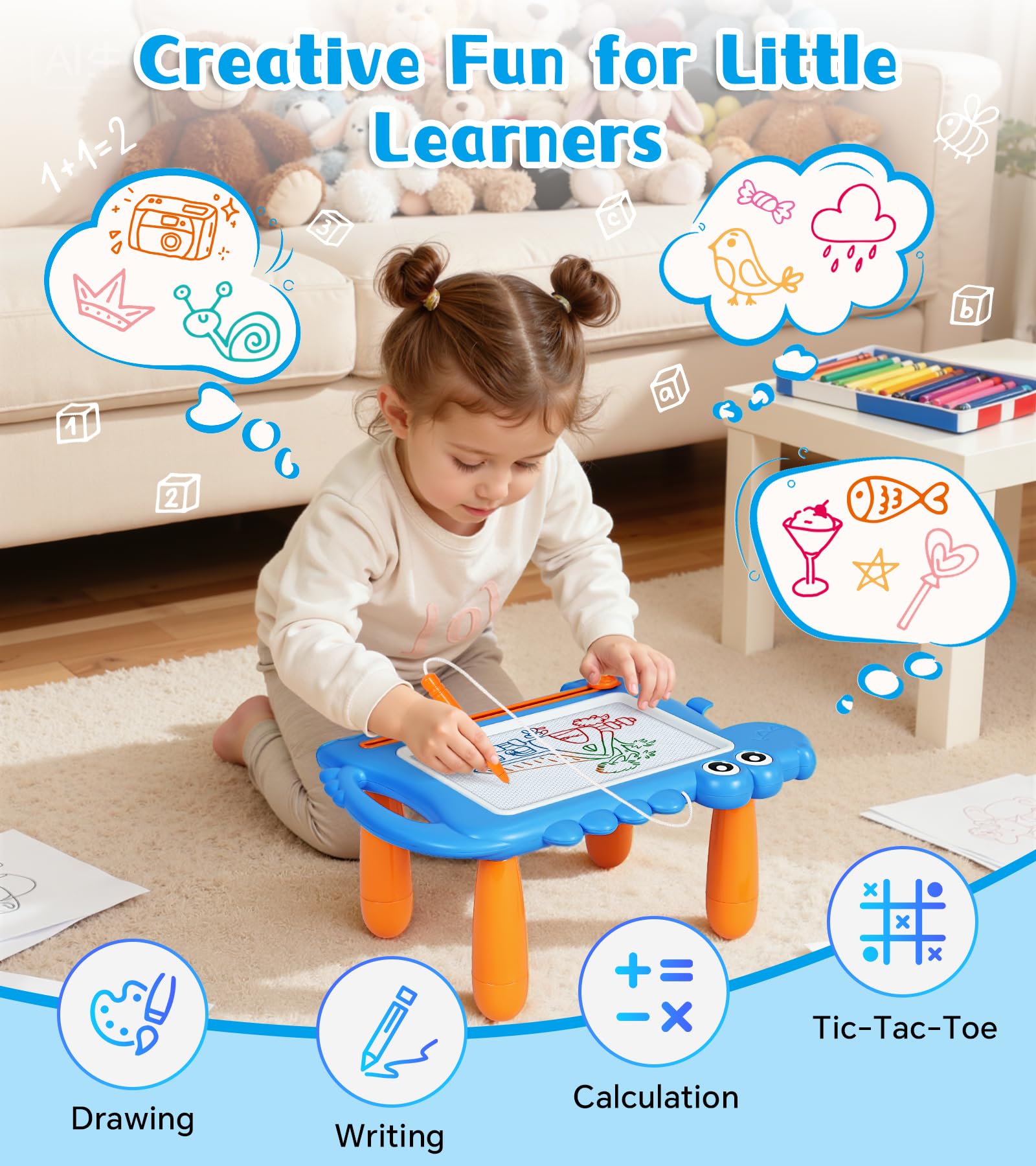 AiTuiTui Ardoise Magique Dinosaure Pieds Amovibles pour Enfants, Tableau Magnétique Éducative Bébé 1 2 3 Ans, Jouet Créatif d’Écriture Filles Garçons, Jouet de Voyage Cadeau Anniversaire Noël, Bleu