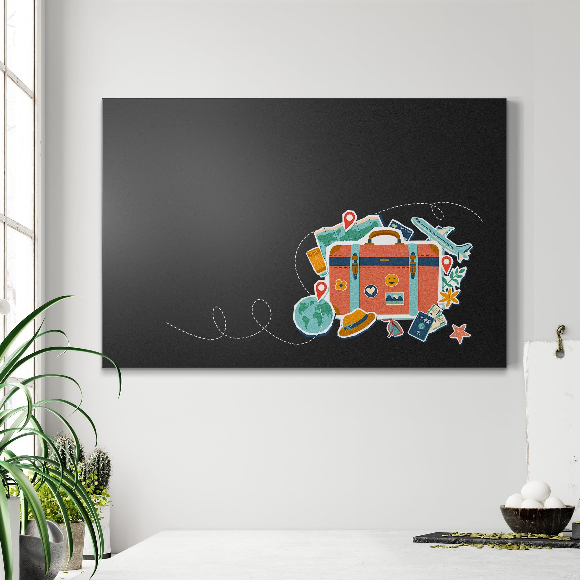 DEQORI Magnetische Kreidetafel mit UV-Druck | Motiv Fernweh & Abenteuer | Design rechteckig 90x60 cm | Kreide Metalltafel beschreibbar – Wanddeko für Küche, Flur, Kinderzimmer & Büro