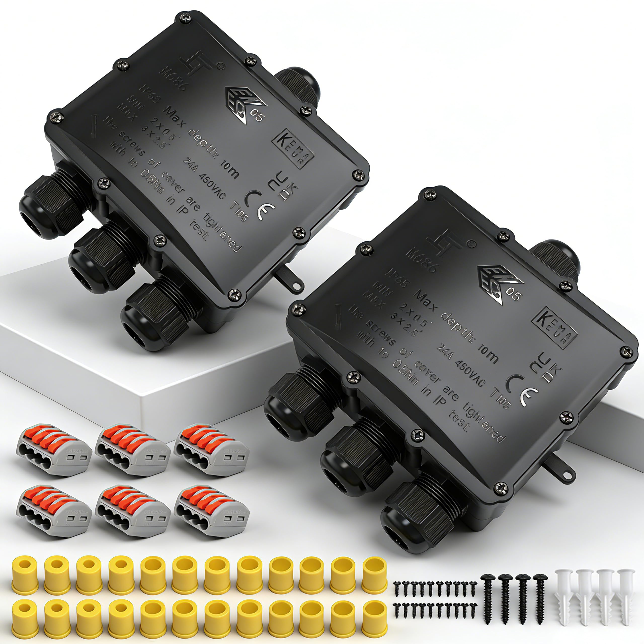 Scatola di giunzione impermeabile IP68, 2 pezzi, 4 vie, connettori per cavi esterni con 4 cavi M25, scatola di giunzione elettrica per cavi di diametro 4-14 mm, nero