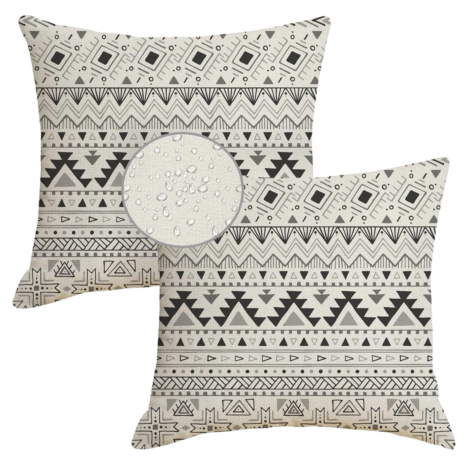 HOSTECCO Ethnic Waterproof Cushion Covers 45x45 cm Set of 2 Black and White Geometric Cushion Cases Aztec Tribal Decorative Pillow Covers for Patio Garden Lawn