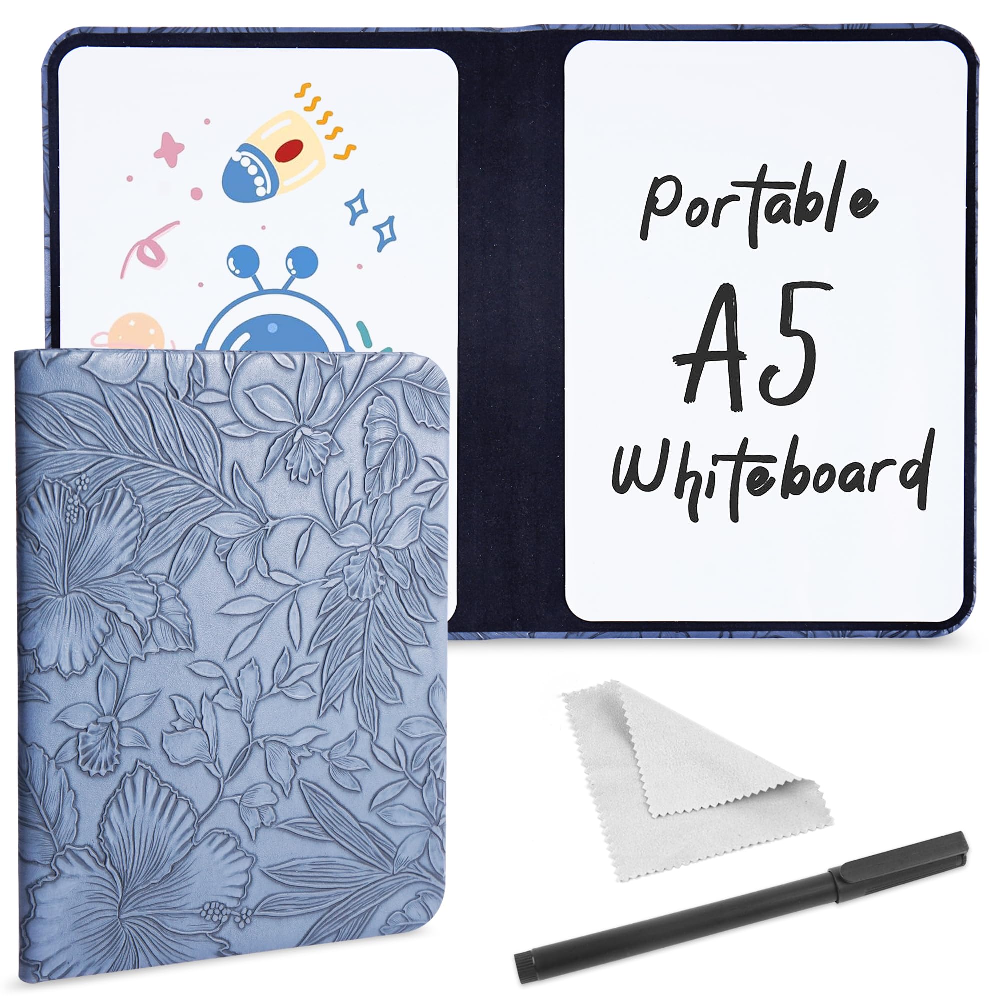 Mtzmy Portable Small White Board Dry Erase Board, Reusable 9.5 * 6.6in Notebook Memo, Office Home Supplies Desk Accessories(1-Carved Blue)