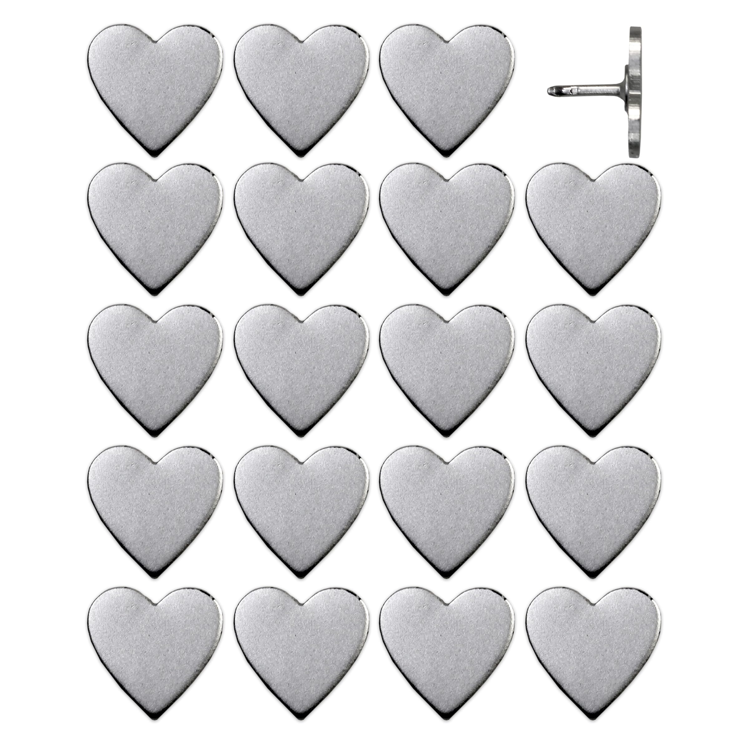 Big Silver Heart Push Pins - Large Silver Metal Heart Map Pins - for Cork Board, Maps, or Lapel Pin Use - Designed in USA - Set of 20