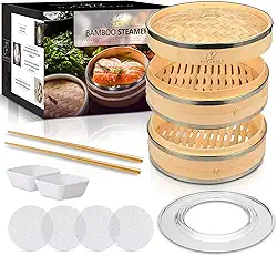 Conjunto de Cesta de Vapor de Bambu Cozinha Chinesa Cesta de Vapor de Vegetais de 10' e 2 Camadas para Cozinhar com Pauzinhos, Pratos de Molho e Forros Reutilizáveis - Cestas de Vapor de B