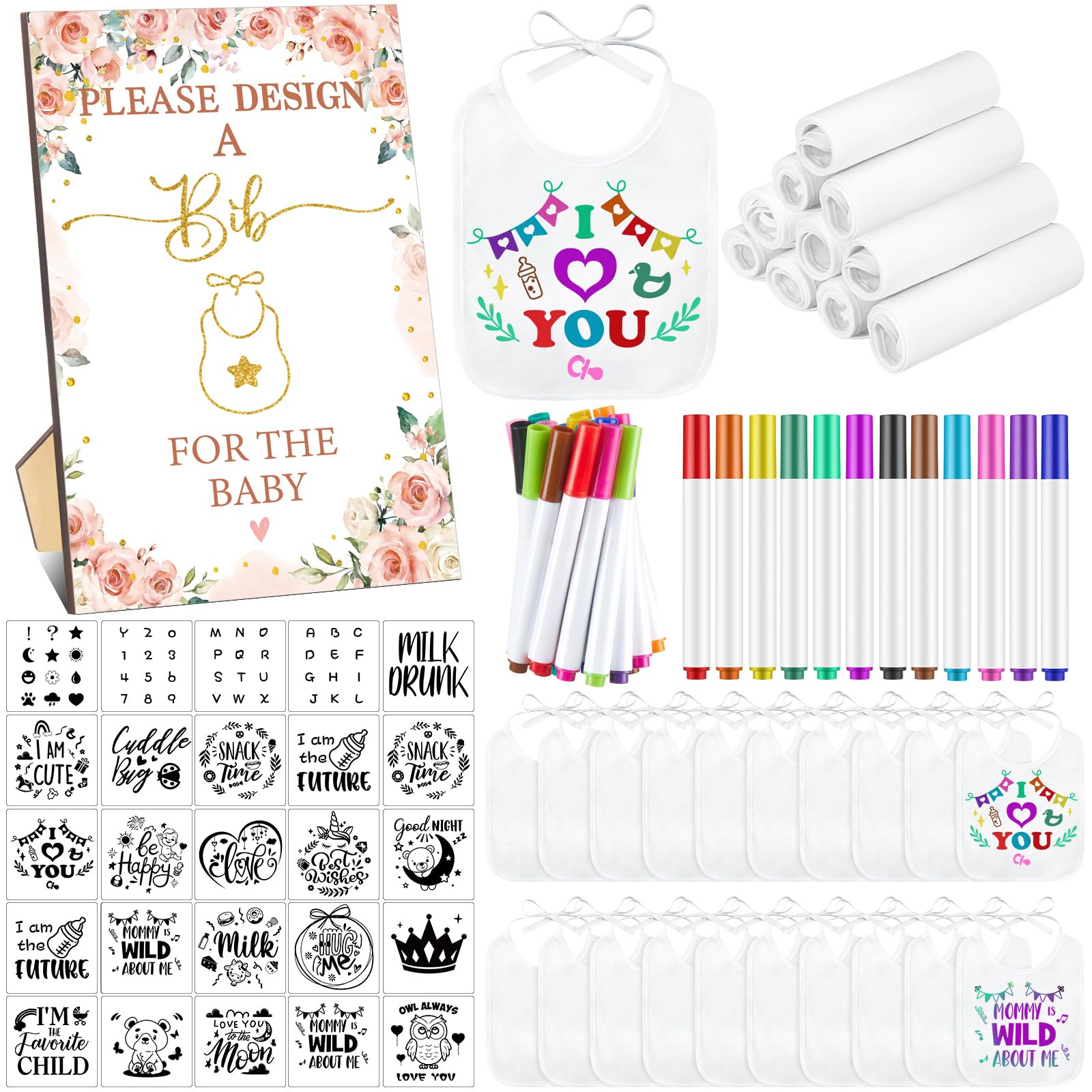 Panitay 100 Pcs DIY Baby Bibs Decorating Kit 50 White Bibs 25 Stencils 24 Fabric Markers 1 Baby Shower Game Sign