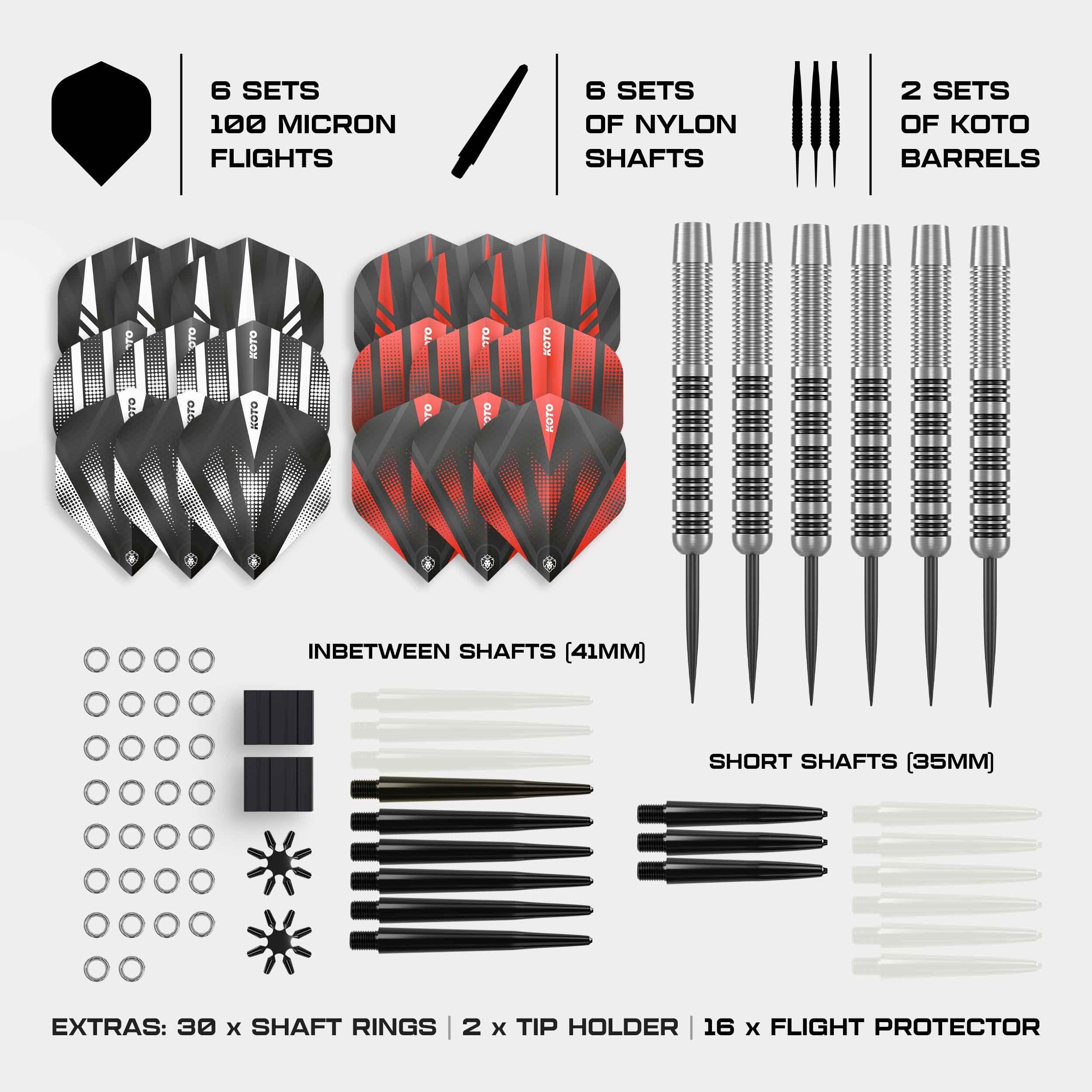 KOTO – Silver Black Brass Lotki do Darta, 18G, Zestaw Steeldarts, 90-Cz. | 18G Lotki do Darta Steeldarts, 6 Barrels, 18 Dart Flight i 18 Shaft, Wyważenie Centralne, Chwyt 2, Mosiądz, 57mm, 8mm
