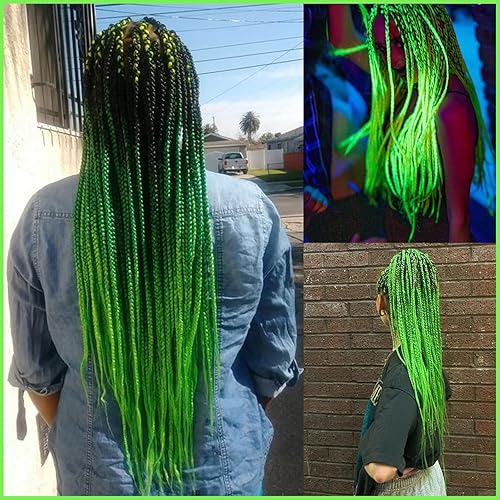 Miniatura 3 de Cabello trenzado preestirado 1bverde neón, extensiones de cabello Kanekalon Box de 26 pulgadas, 6 paquetes de extensiones de cabello trenzado con