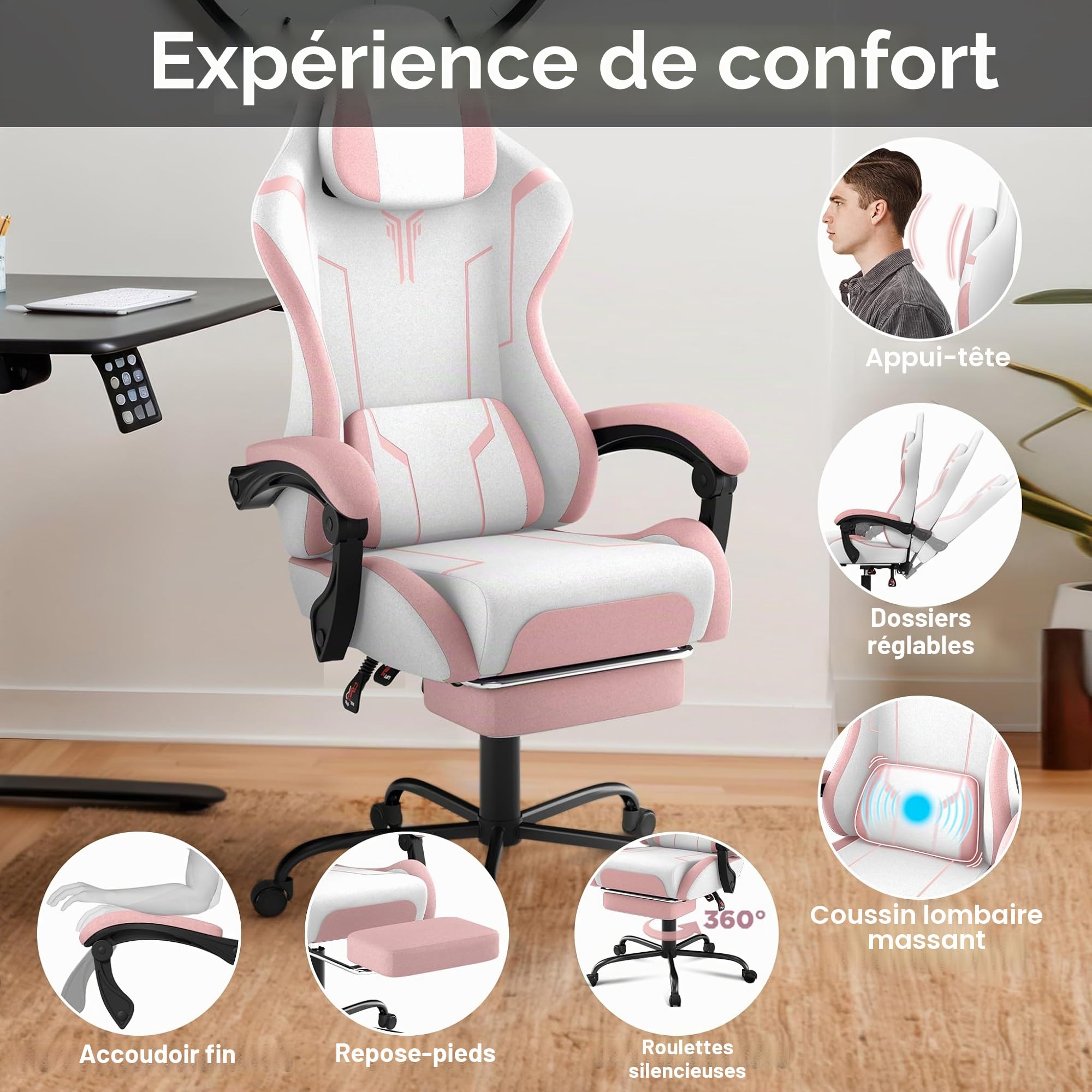 YRHome Chaise de gaming réglable en hauteur avec oreiller, coussin lombaire à vibrations, repose-pieds et accoudoirs, chaise de gamer ergonomique, surface en velours rose