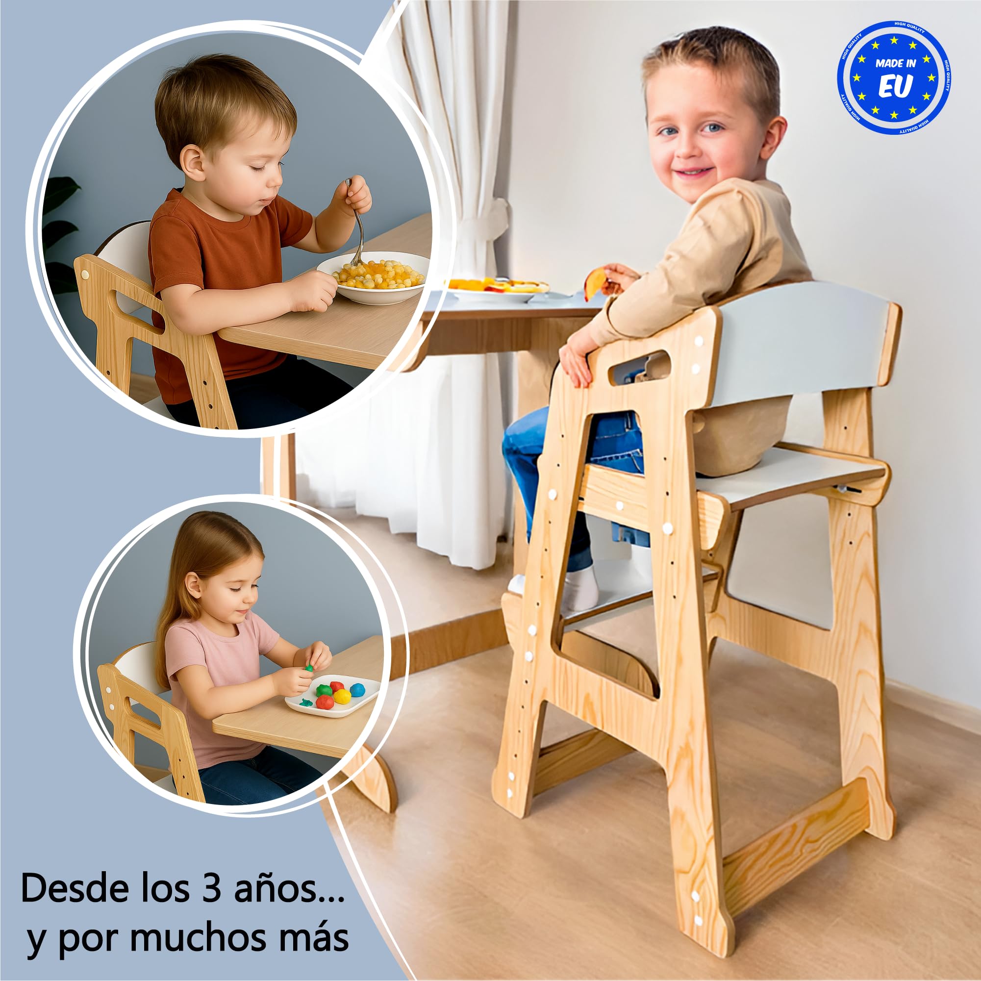 Silla Evolutiva Montessori Classic de Madera para Niños 3-8 Años, Altura Ajustable, Diseño Ergonómico, Resistente hasta 80kg, Ideal para Cocina, Estudio, Juego y Comedor (Pino)