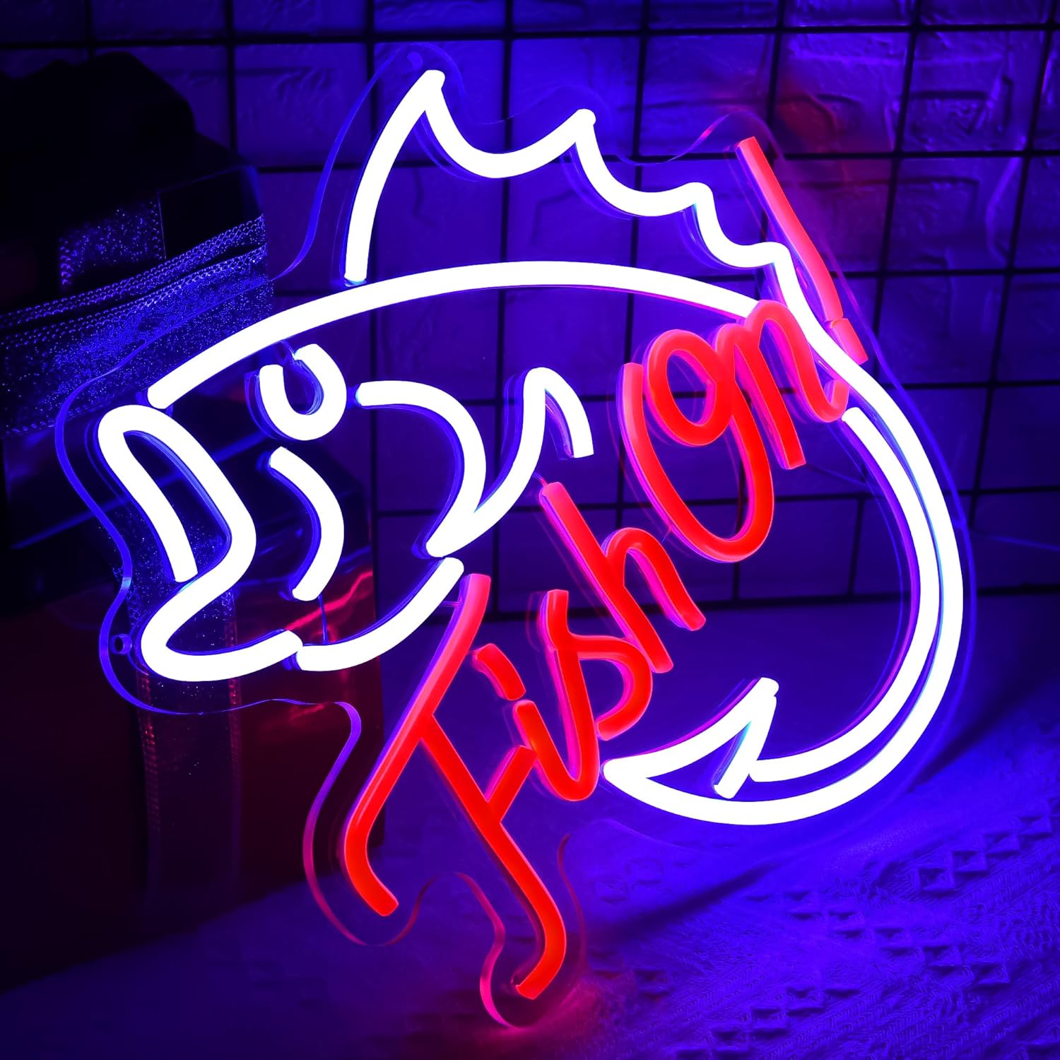 Fishing Neon Sign for Wall Decor Fishing Neon Light for Man Cave Dimmable Blue Red LED Light Up Sign for Bedroom Living Room club Party Birthday Gifts Wall Art Size12.9 * 14.4(WZCP052) - Image 2