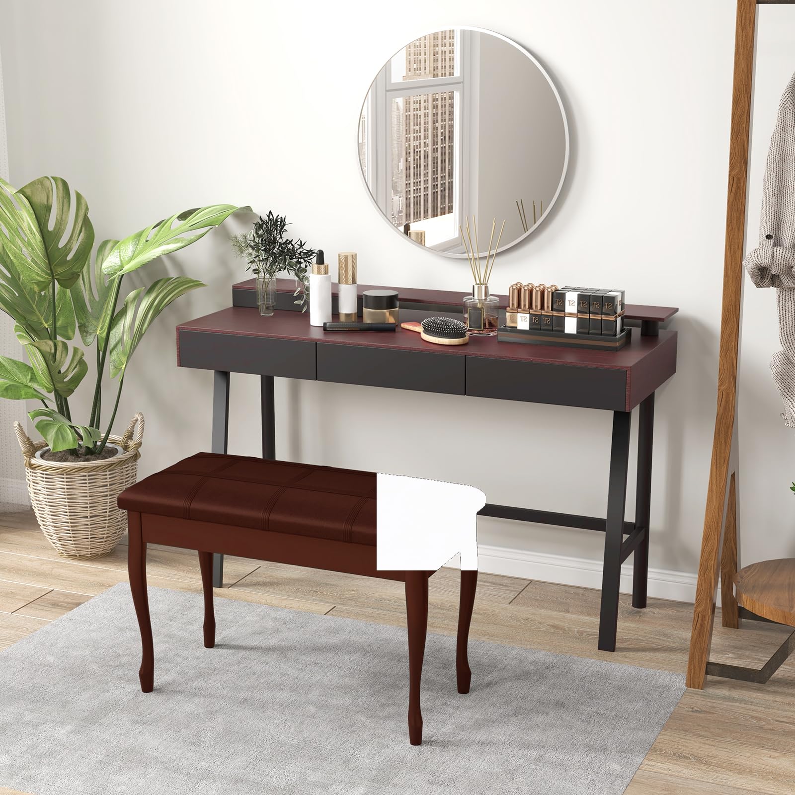 HOMASIS Sgabello Pianoforte a 2 Posti in Legno con Sedile Imbottito in Pelle PU, Panca per Pianoforte con Vano Portaoggetti, Panca Baule, Capacità di Carico 180 kg, 75 x 35 x 49 cm