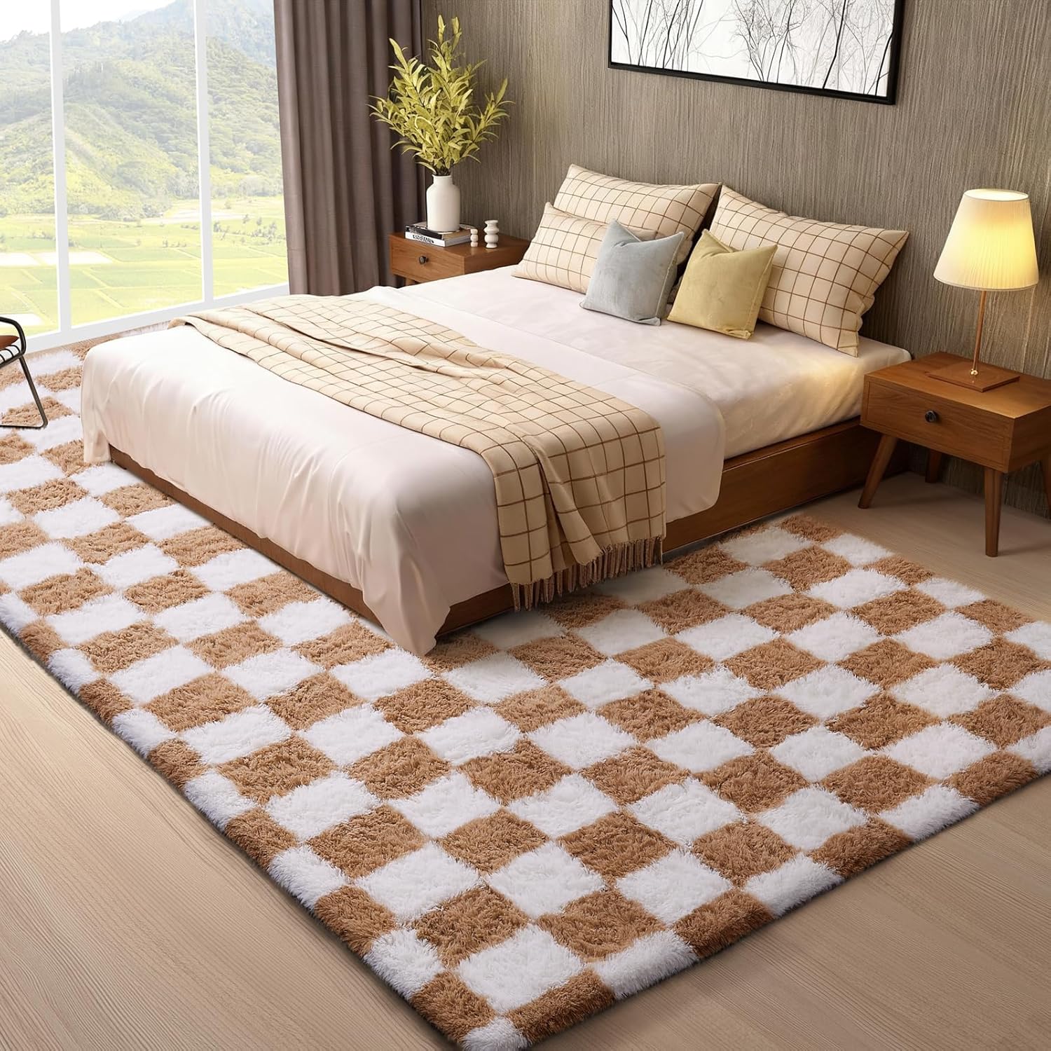 Ophanie Checkered Beige & White Rug for Living Room Bedroom, Fluffy Soft Cute Fuzzy Area Rugs, Shag Plush Shaggy Bedside Floor 8x10 Furry Carpet for Kids Baby Teen Dorm Nursery Home Decor Aesthetic - Image 3