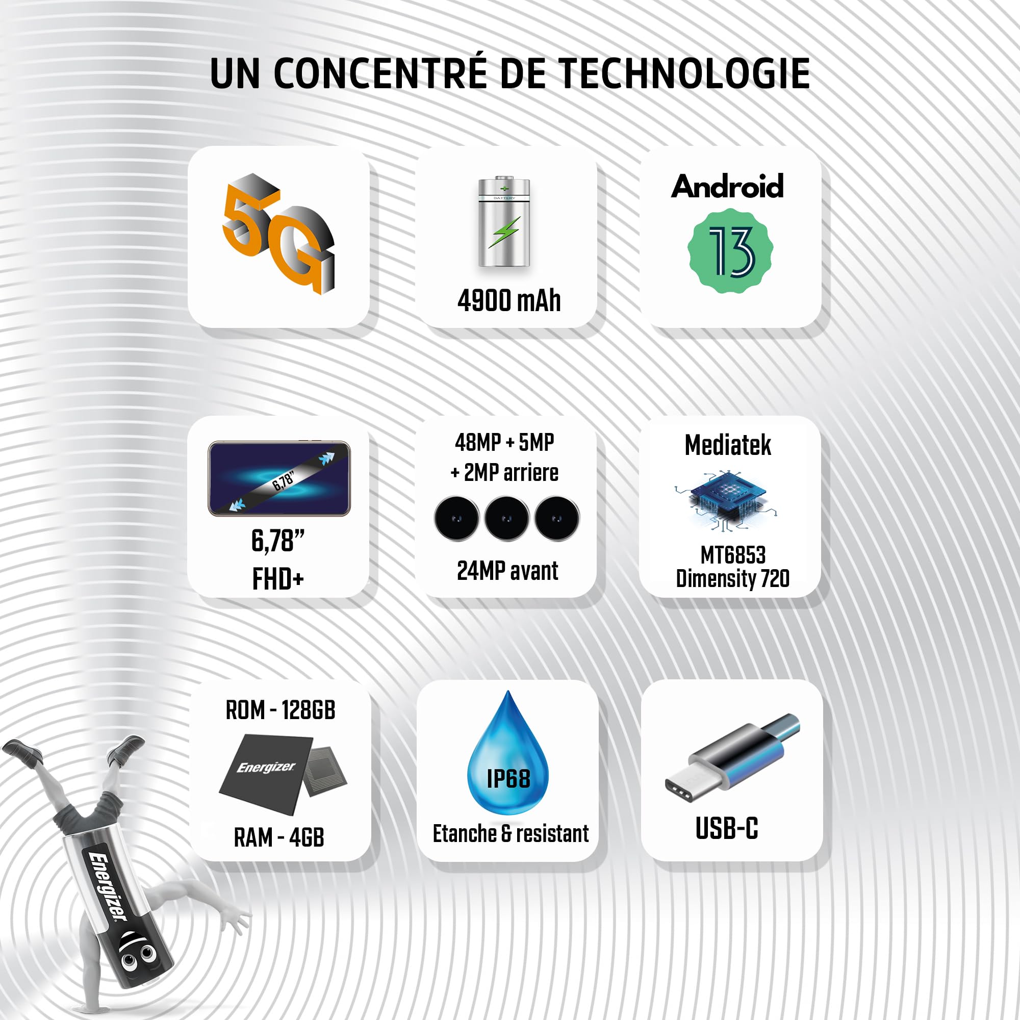 Energizer Smartphone 6.78'', 5G, Batterie de 4900mAh, Mémoire ROM 128Go RAM 4Go, résistant à l'eau et aux Chocs