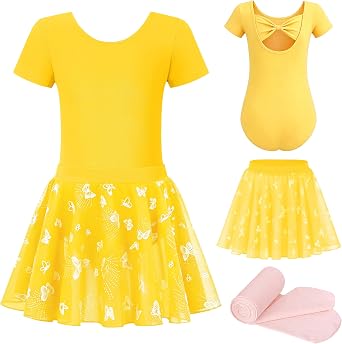 MdnMd Toddler Girls Ballet Leotards Dance Tights Skirt Combo with Butterfly Printing Bow Back Child Dresses Outfit