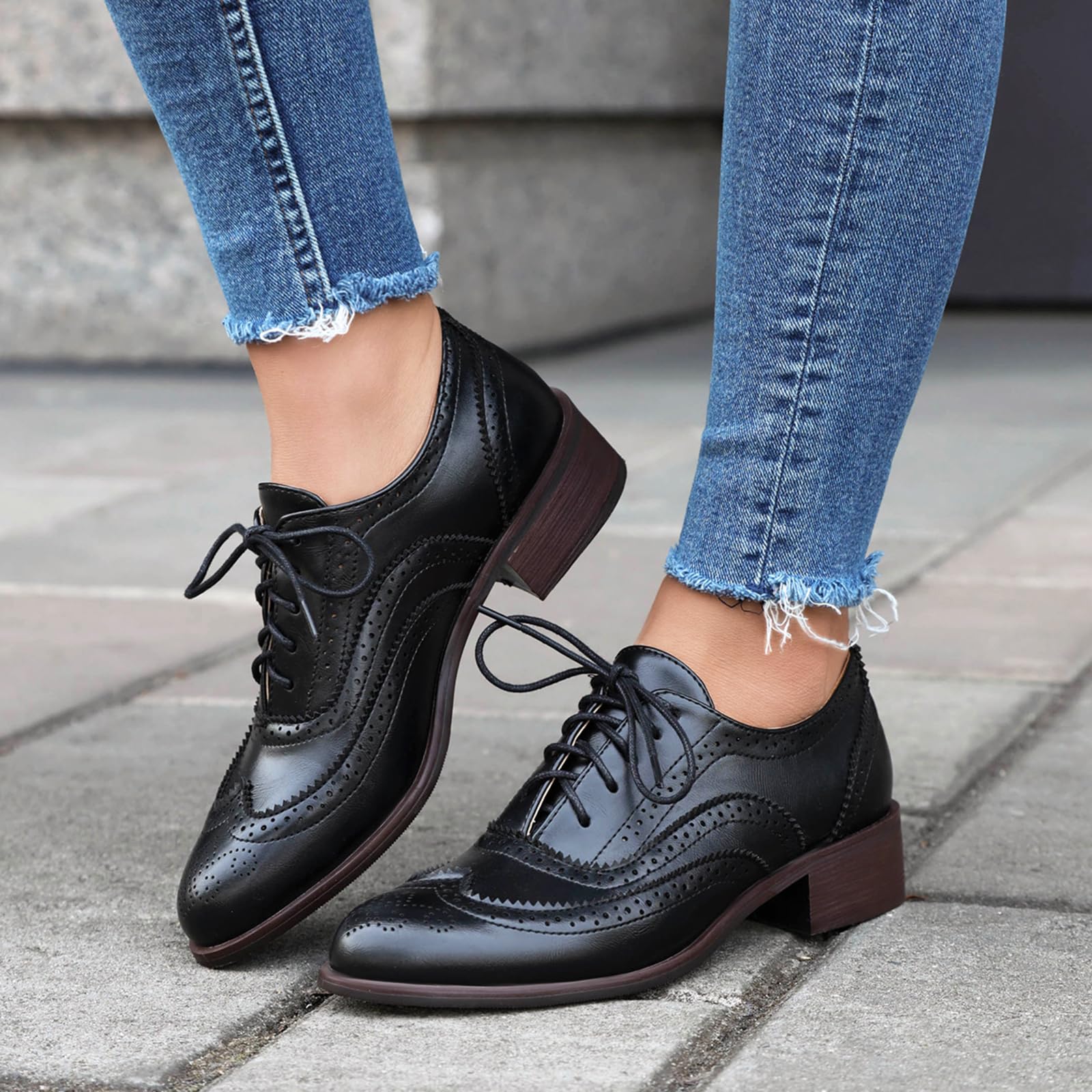 Lizoleor Chaussures brogue à lacets pour femme de style britannique classique
