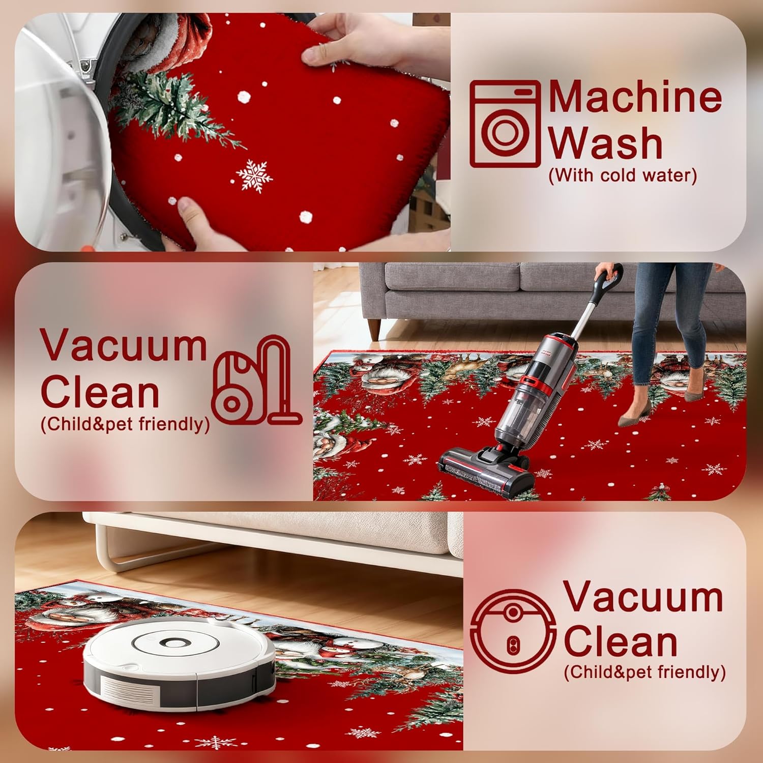 Christmas Area Rug 3x5, Santa and Snowman Red Rugs - Xmas Washable Non Slip Low Pile Christmas Carpet for Hallway Living Room Bedroom Holiday Decor